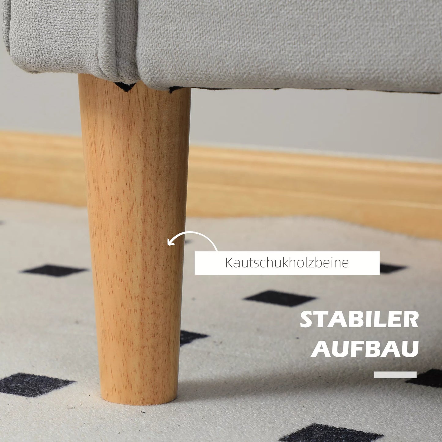 Dvivietė sofa su daiktų laikymo vieta, sagų siuvinėjimu, pagalvėlėmis, kaučiuko medžio mediena, 117x62x78 cm, šviesiai pilka