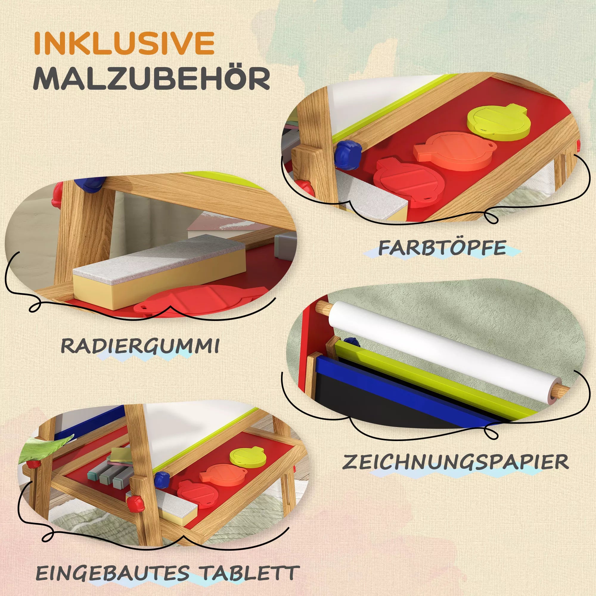 3-in-1 Vaikiškas molbertas, kreidinė lenta, rašomoji lenta, popieriaus ritinėlis, su priedais, pušies mediena, reguliuojamas