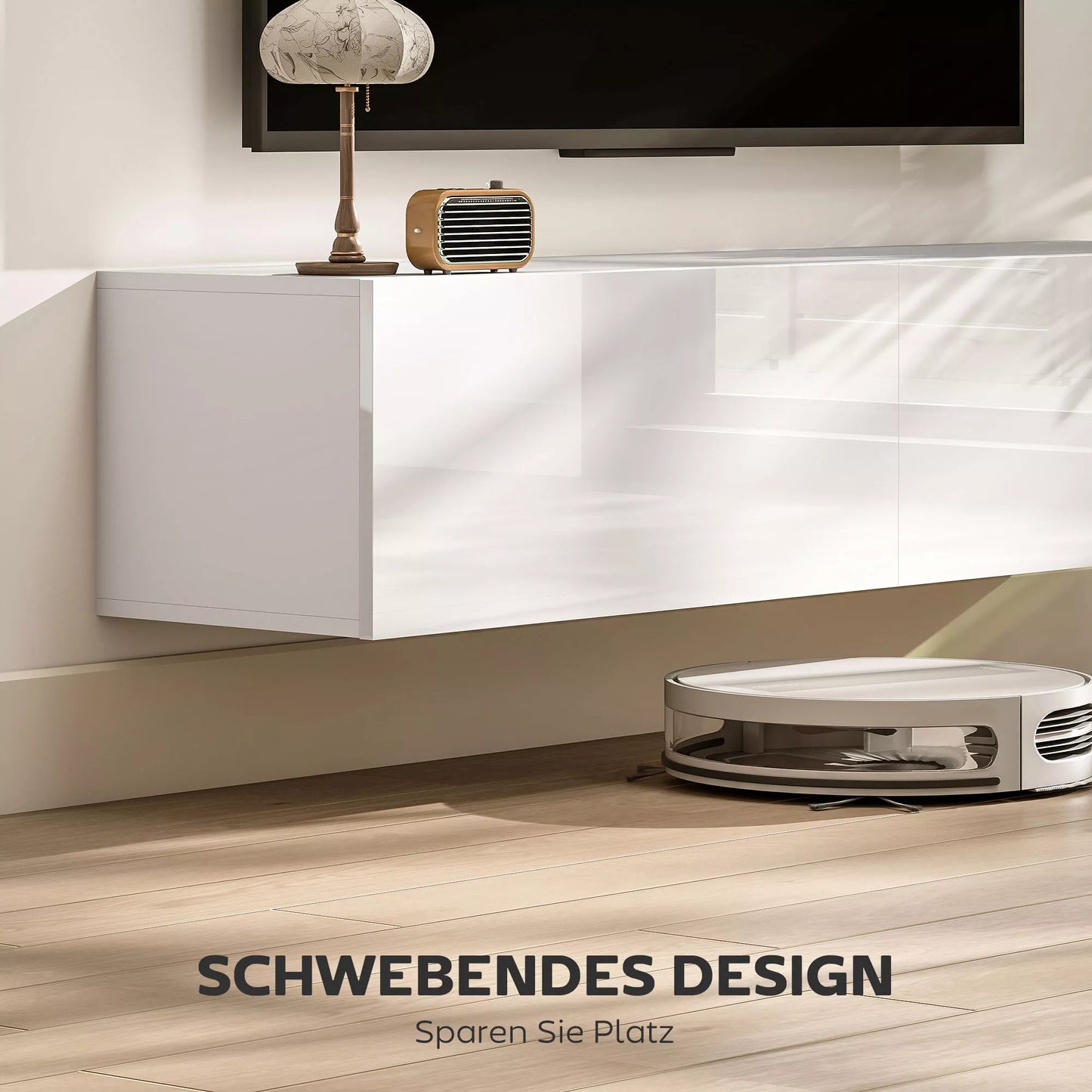 Sieninė pakabinama TV komoda su didele laikymo erdve ir lentynomis, medžio drožlių plokštė, balta