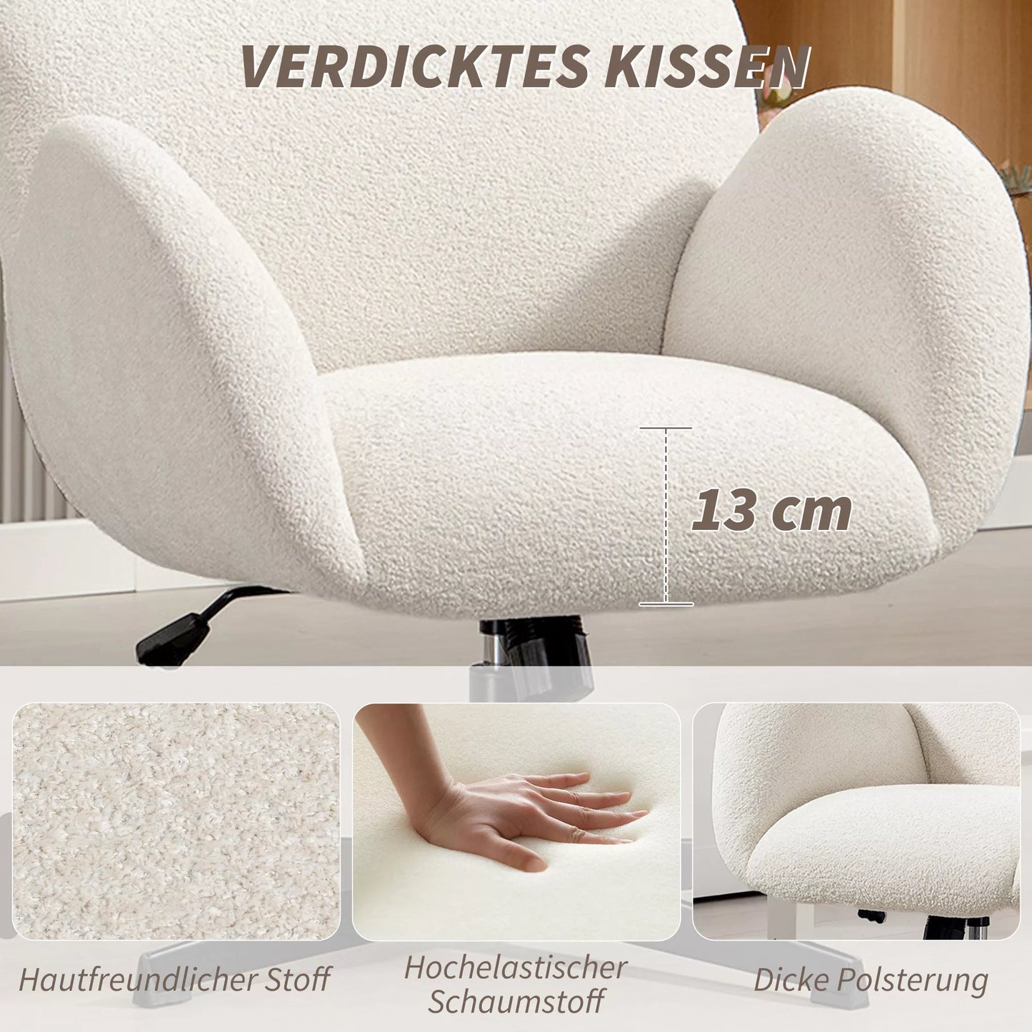 Biuro kėdė su aksominės išvaizdos audinio apmušalu, paminkštinta kėdė su plieniniu pagrindu, aukščio reguliavimo rašomojo stalo kėdė, kreminės baltos spalvos