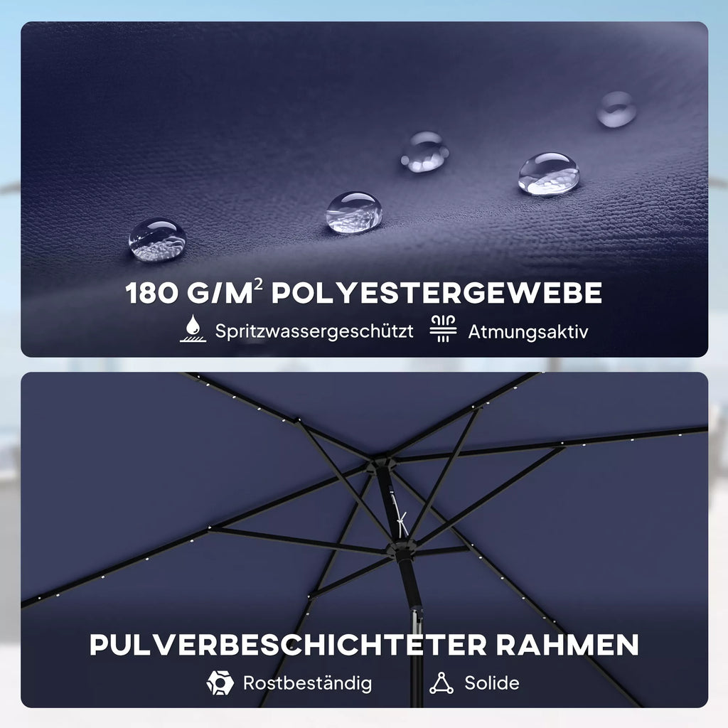Saulės skėtis LED Solar, apie 300 x 200 cm, sulankstomas balkono skėtis su rankena, apsauginis apvalkalas, UV apsauga, pasukamas, tamsiai mėlynos spalvos