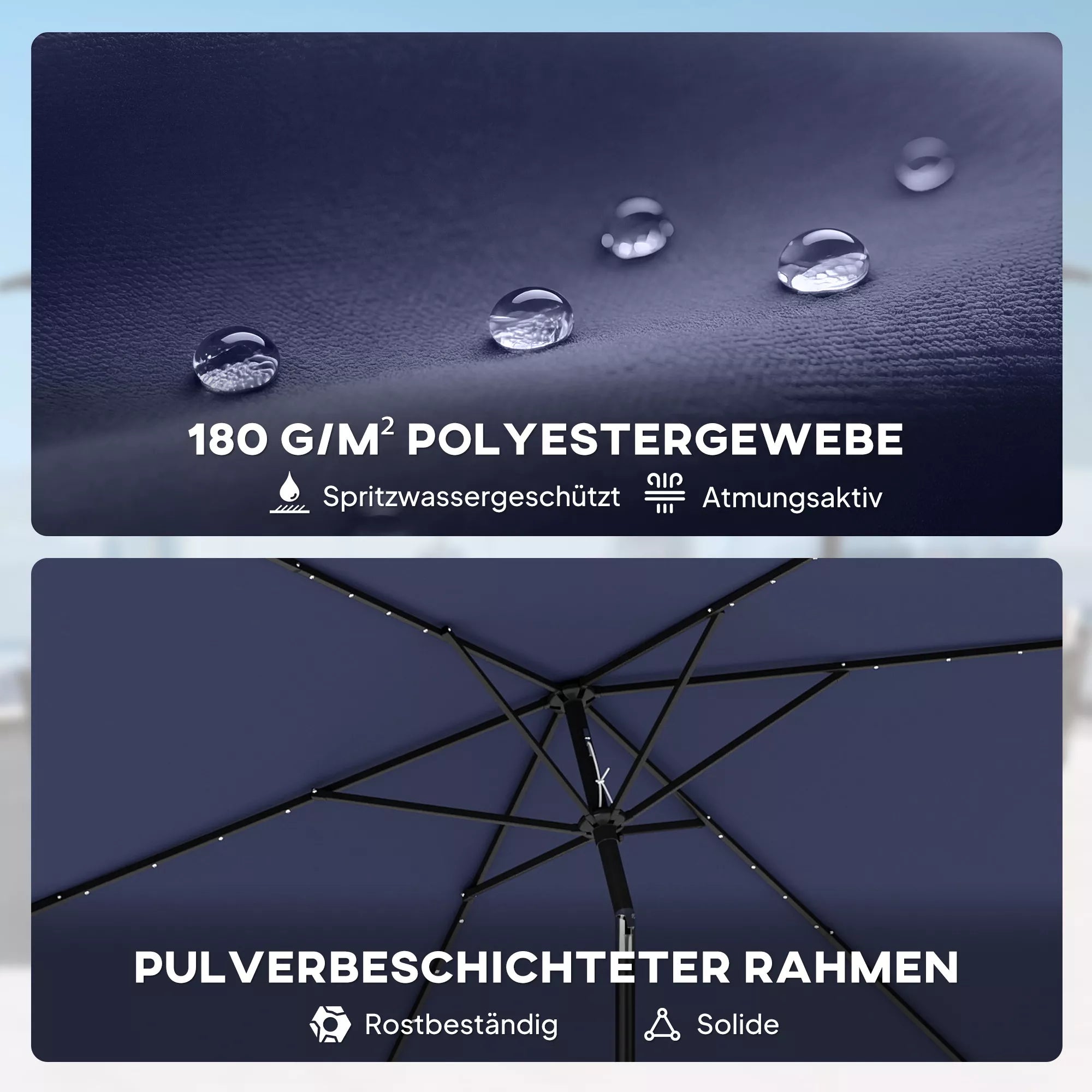 Saulės skėtis LED Solar, apie 300 x 200 cm, sulankstomas balkono skėtis su rankena, apsauginis apvalkalas, UV apsauga, pasukamas, tamsiai mėlynos spalvos