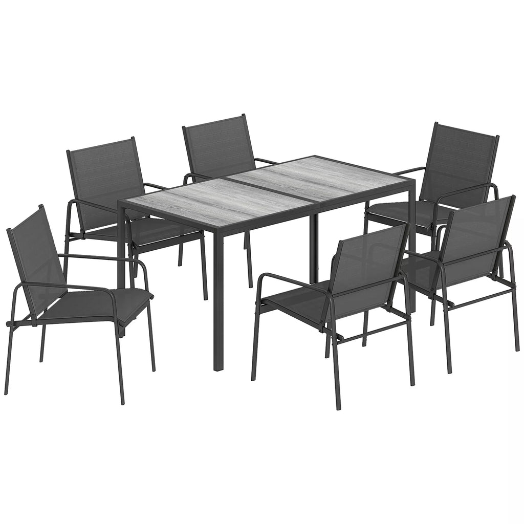 Sodo baldų komplektas Sėdimoji grupė 150 x 80 cm stalas su 6 kvėpuojančiomis kėdėmis Medžio imitacija Plieninis rėmas Juodas
