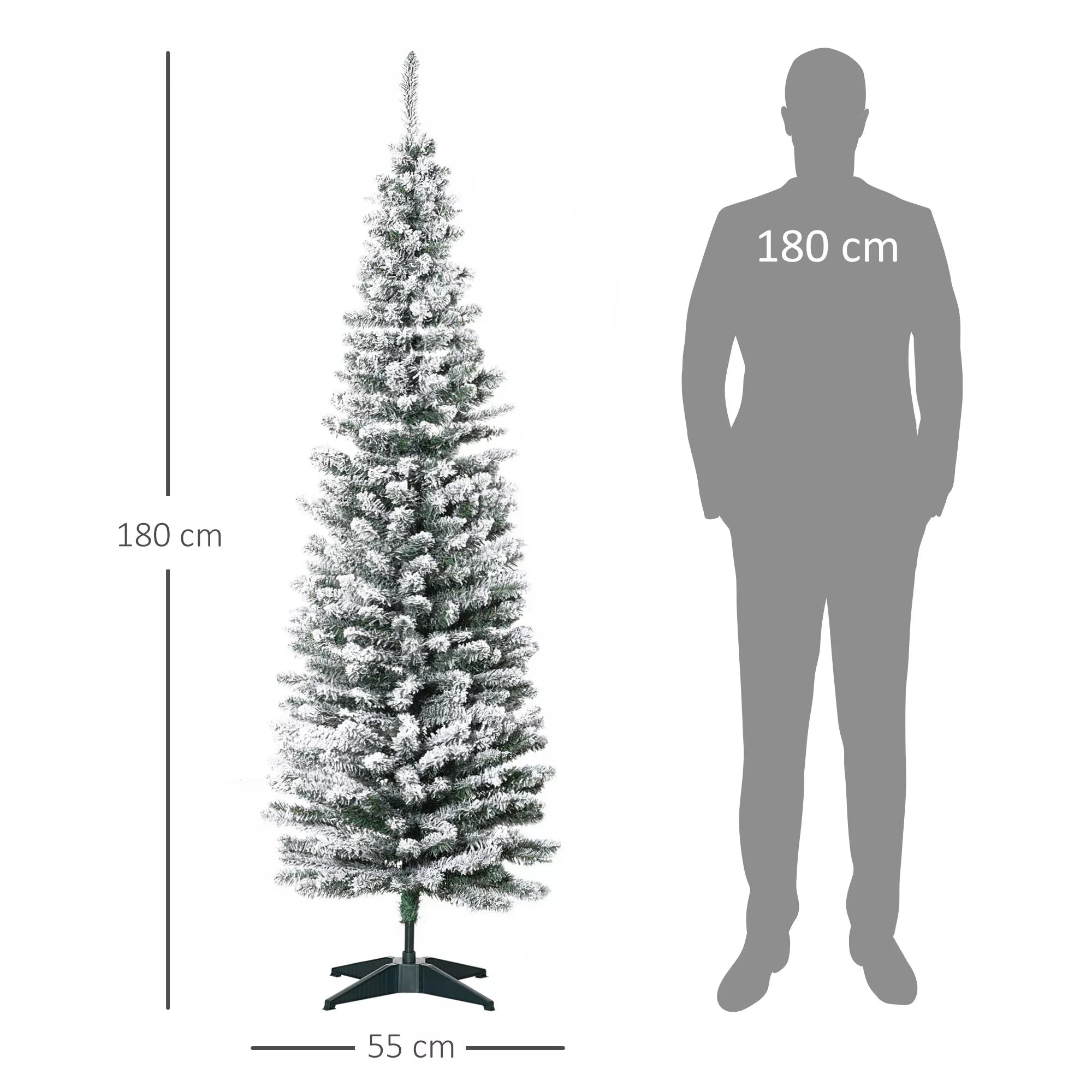 Kalėdų eglutės matmenų schema: 180 cm aukštis, 55 cm plotis, žmogaus palyginimas