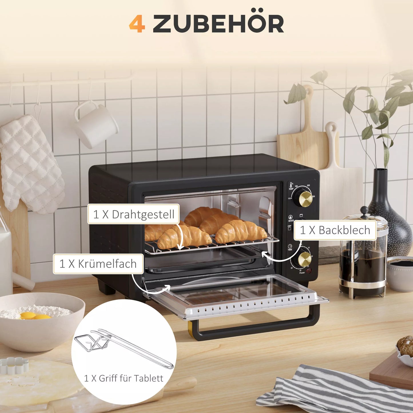 Miniorkaitė, skrudintuvo krosnelė, laikmatis, grotelės, kepimo skarda, stiklinis langas, metalas, juoda