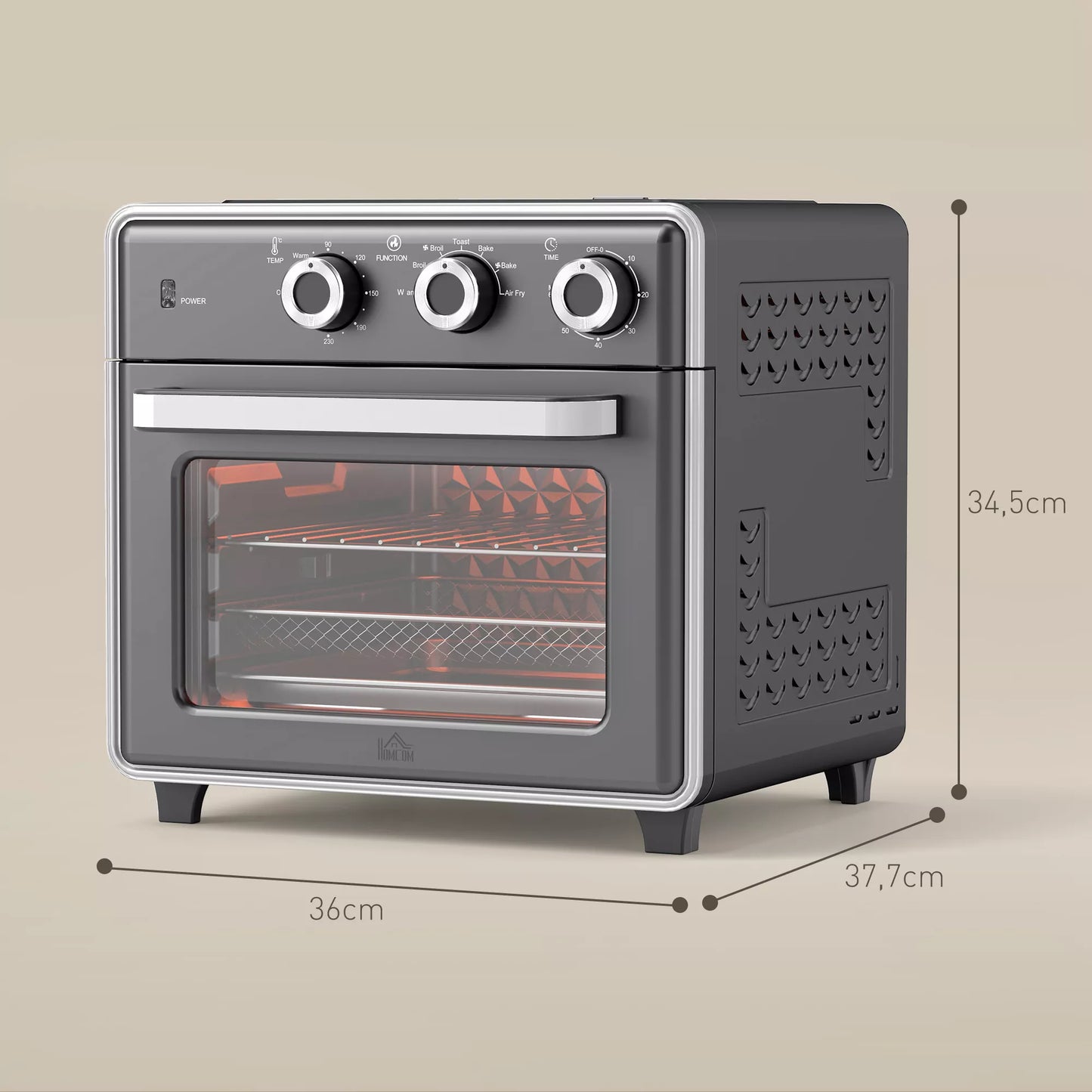 Mini orkaitė, 20 L, 5 funkcijos, 360° karštas oras, grotelės, skardos dėklas, pilka