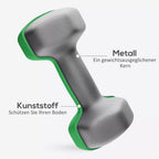 Informacinė grafika apie hantelio metalinį ir plastiko paviršių