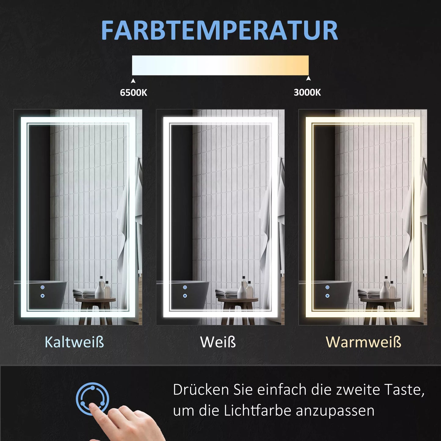 Vonios veidrodis su LED apšvietimu, atminties funkcija, lietimo jungikliu, apsaugotas nuo purslų, sidabrinis