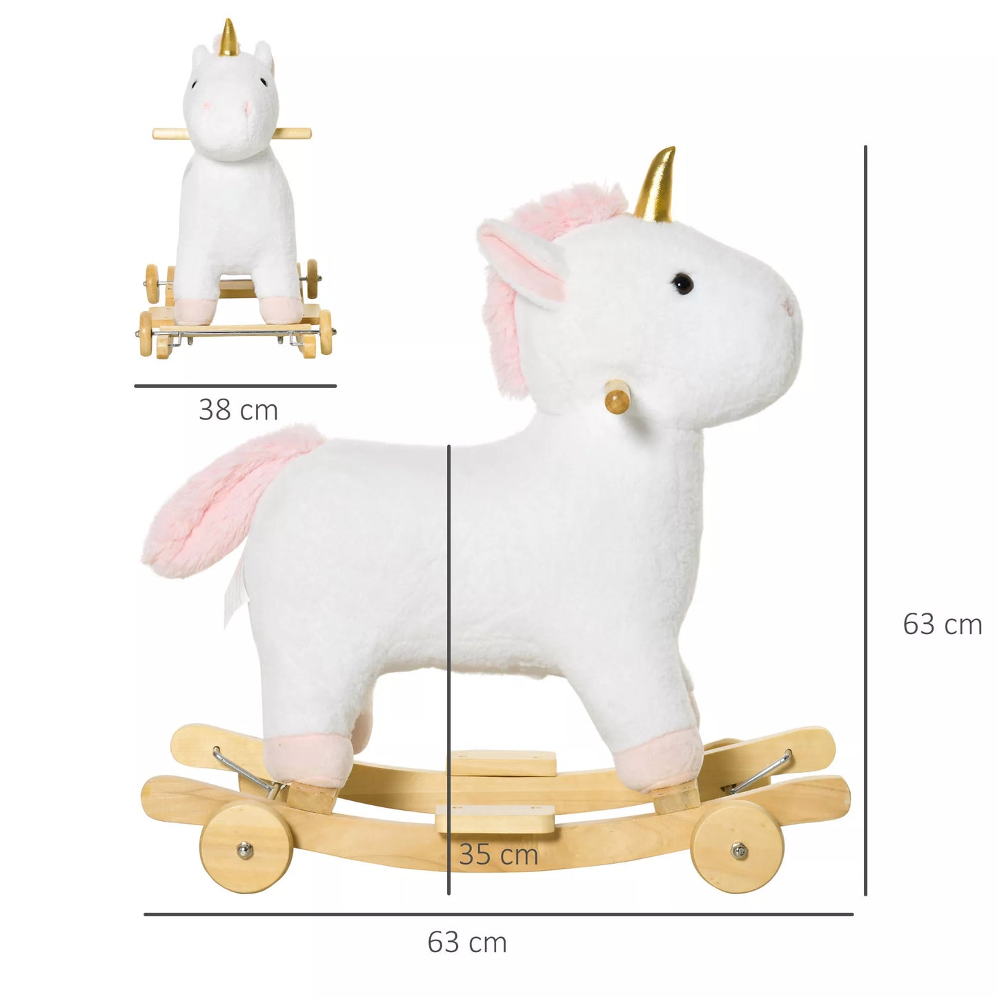 2-IN-1 Supamas arkliukas su ratukais, pliušinis, kūdikio supamas žaislas, baltas, 63 x 38 x 63 cm