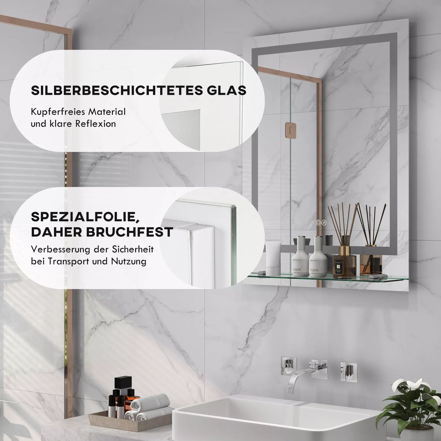 Vonios veidrodis su LED apšvietimu, 3 šviesos spalvos, apsaugos nuo rasojimo funkcija, laidinis, 70 x 50 cm