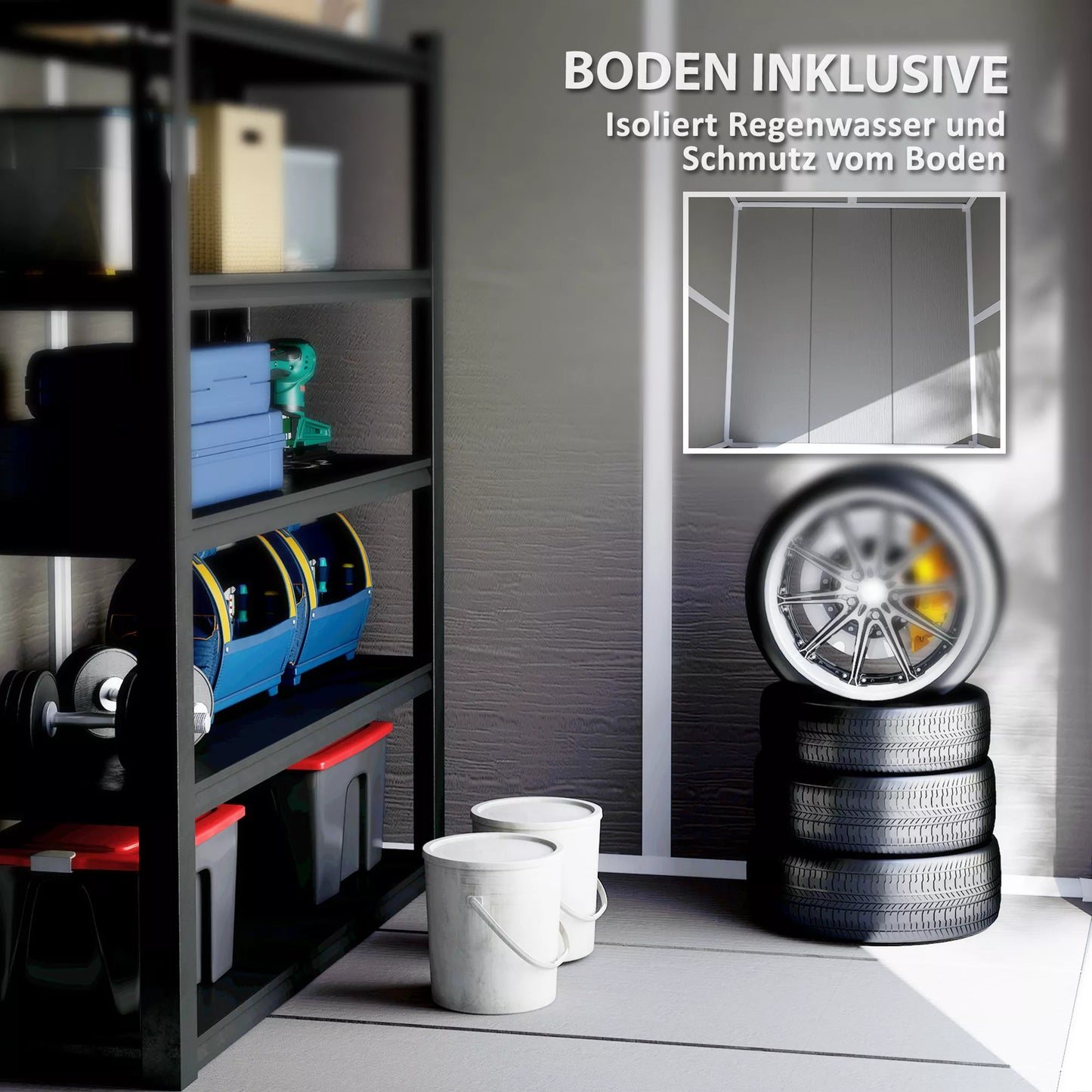 Sodo namelis, įrankių namelis su grindimis, užrakinamos durys, ventiliacijos angos, langai, medžio imitacija, plastikas, pilkos spalvos