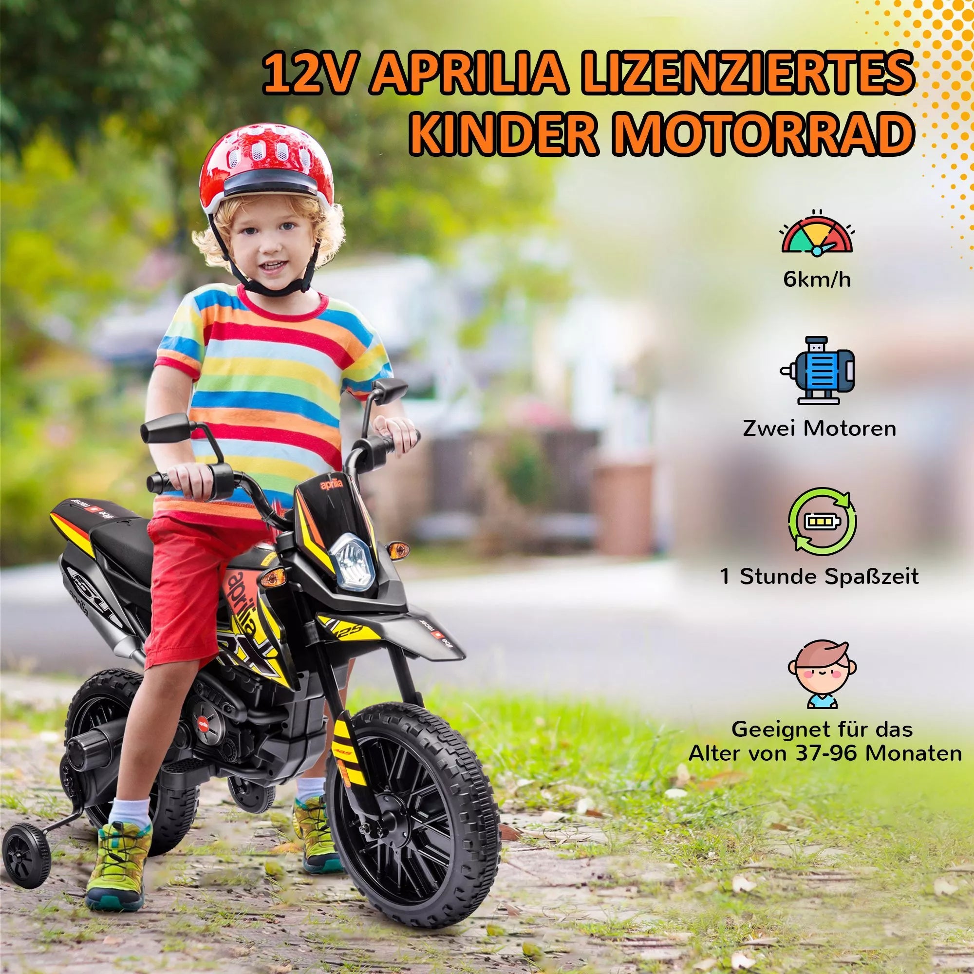 Elektrinis motociklas Aprilia vaikams 37–96 mėn., iki 30 kg, geltonas