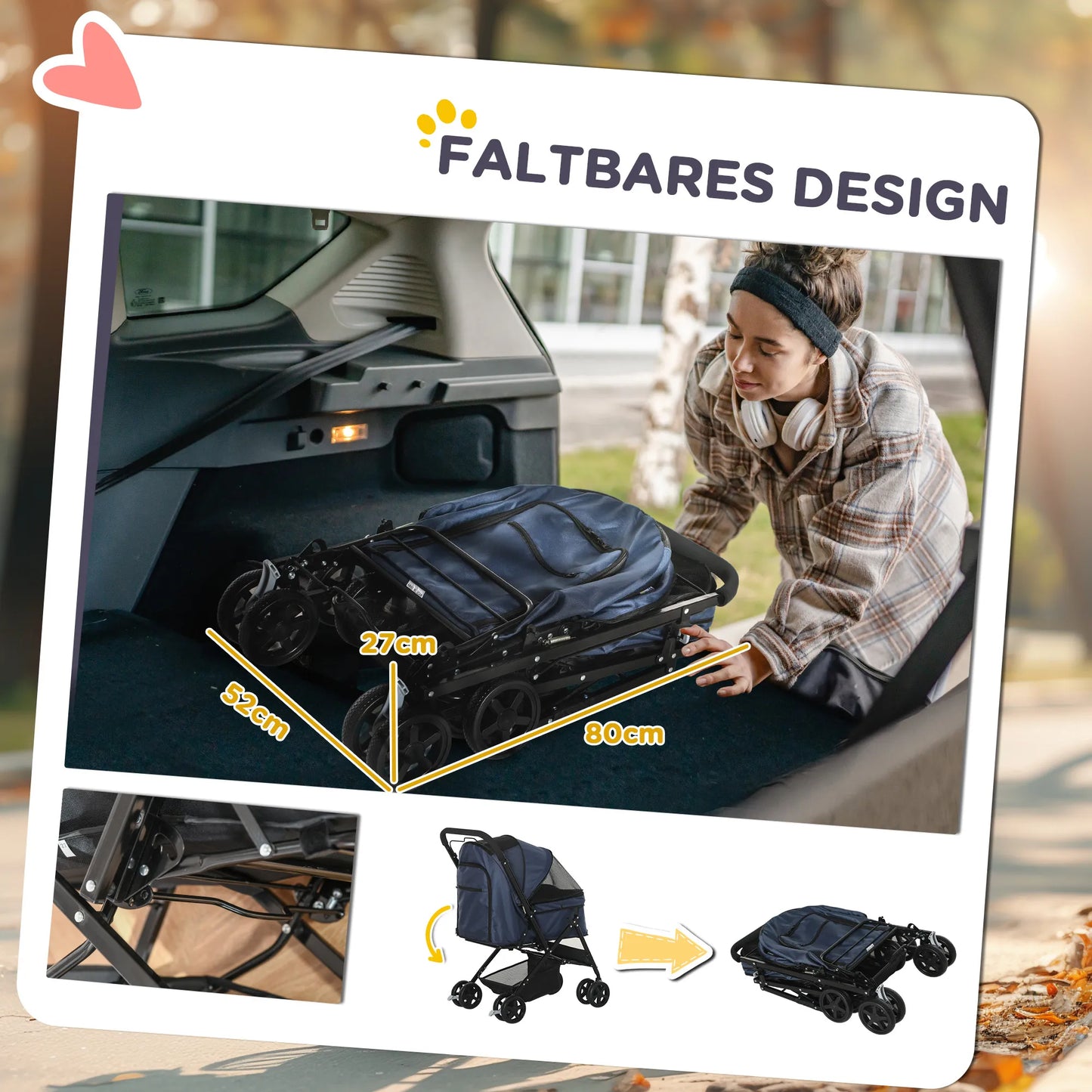 Šunų vežimėlis iki 10 kg, sulankstomas, su reguliuojamu stogeliu, daiktadėže apačioje, 2 stabdžiais, saugos pavadėliu, mėlynas