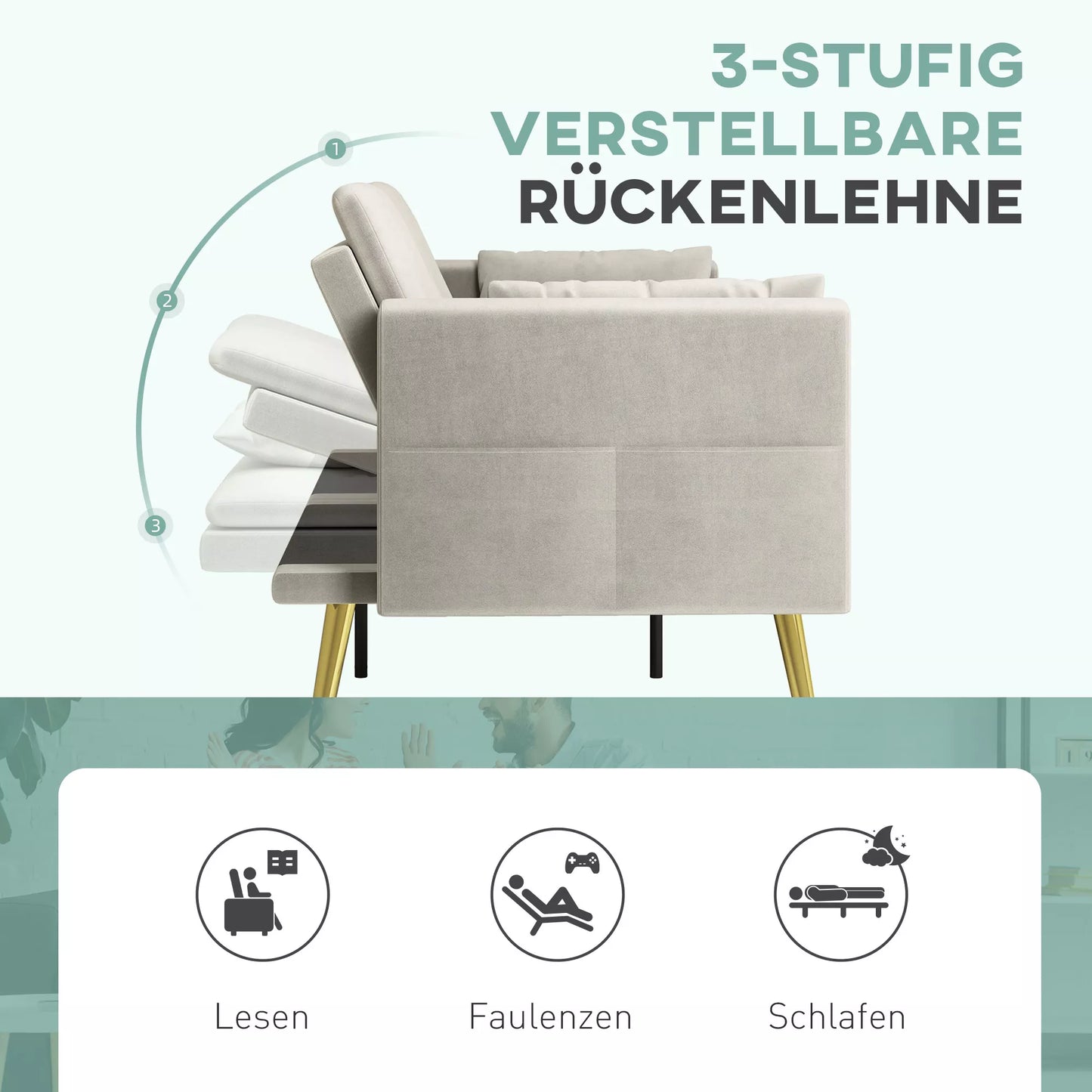 2 vietų sofa-lova, reguliuojama atlošas, minkštos pagalvės, aksominis gobelenas, svetainei, svečių kambariui, smėlio spalvos
