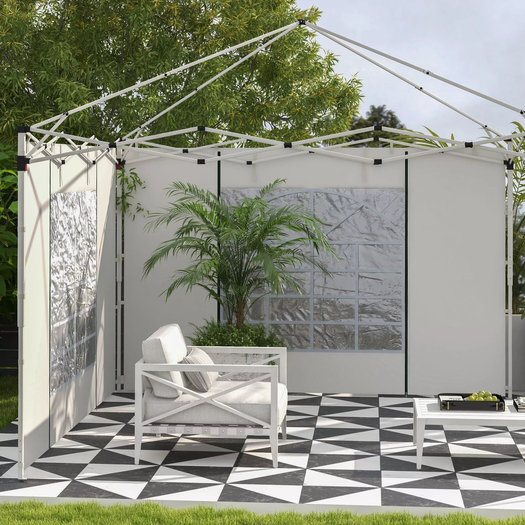 Pavilion užuolaidos, 2 vnt. rinkinys, skirtas 3x6 m arba 3x3 m sodo paviljonams, su langais ir durimis, baltos spalvos