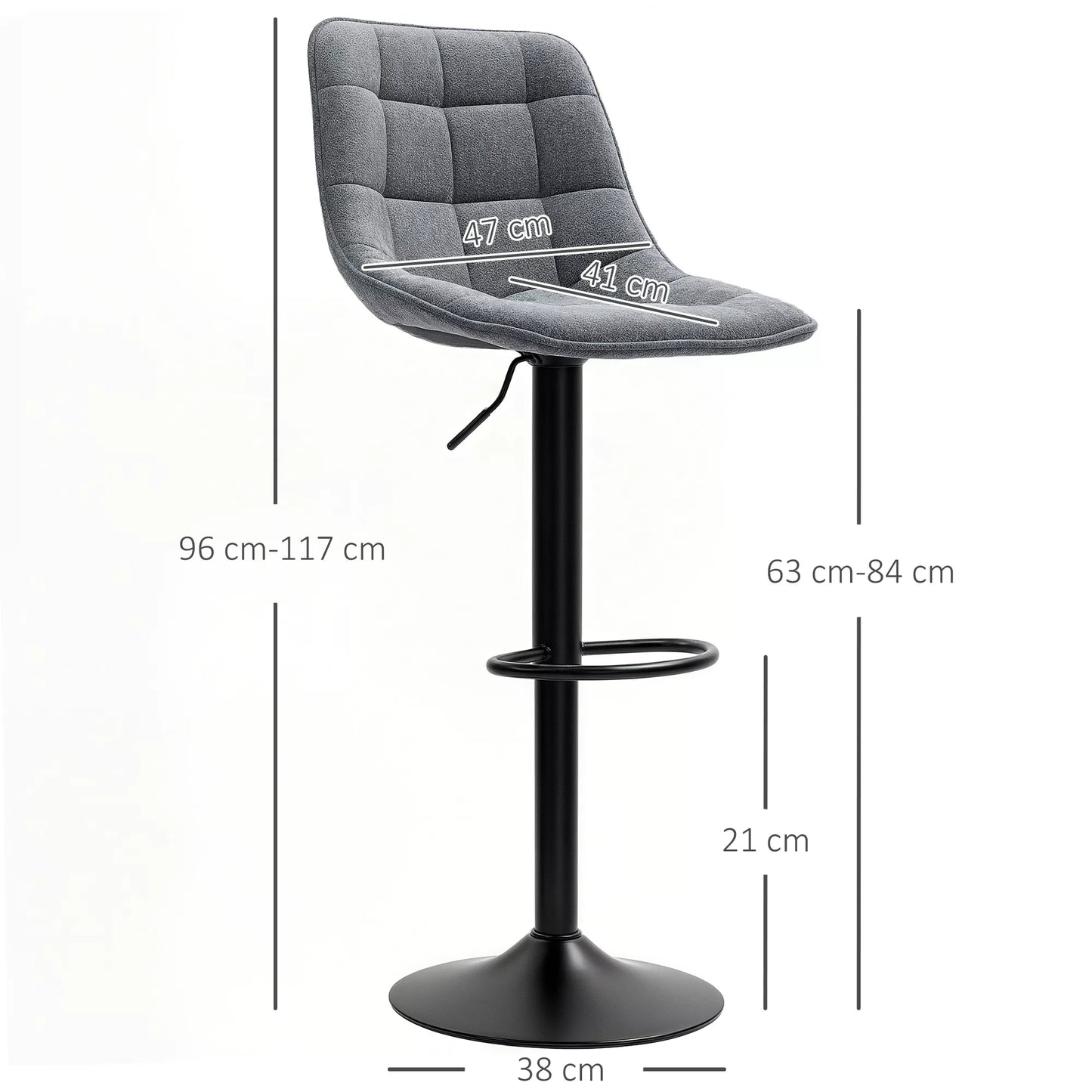 Modernus baro taburetės komplektas, 2 vnt. sukamos baro kėdės su atlošu, reguliuojamo aukščio, su atrama kojoms, minkštos, tamsiai pilkos