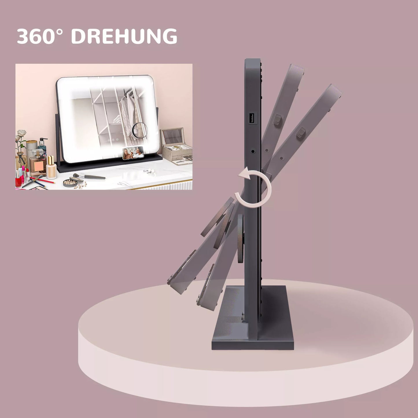 Juodas makiažo veidrodis su LED lemputėmis, USB jungtimi ir 3 režimais, pasukamas