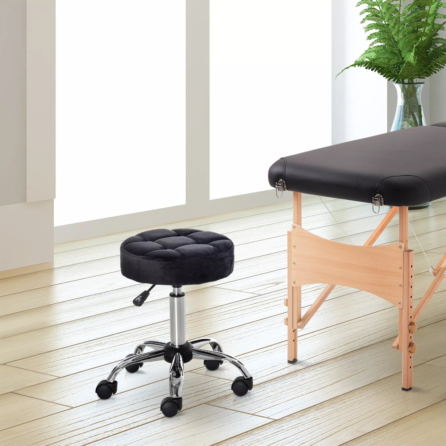 Salono pufas, reguliuojamo aukščio, su velveto imitacijos apmušalu, Ø35 x 49-61 cm, juodos spalvos