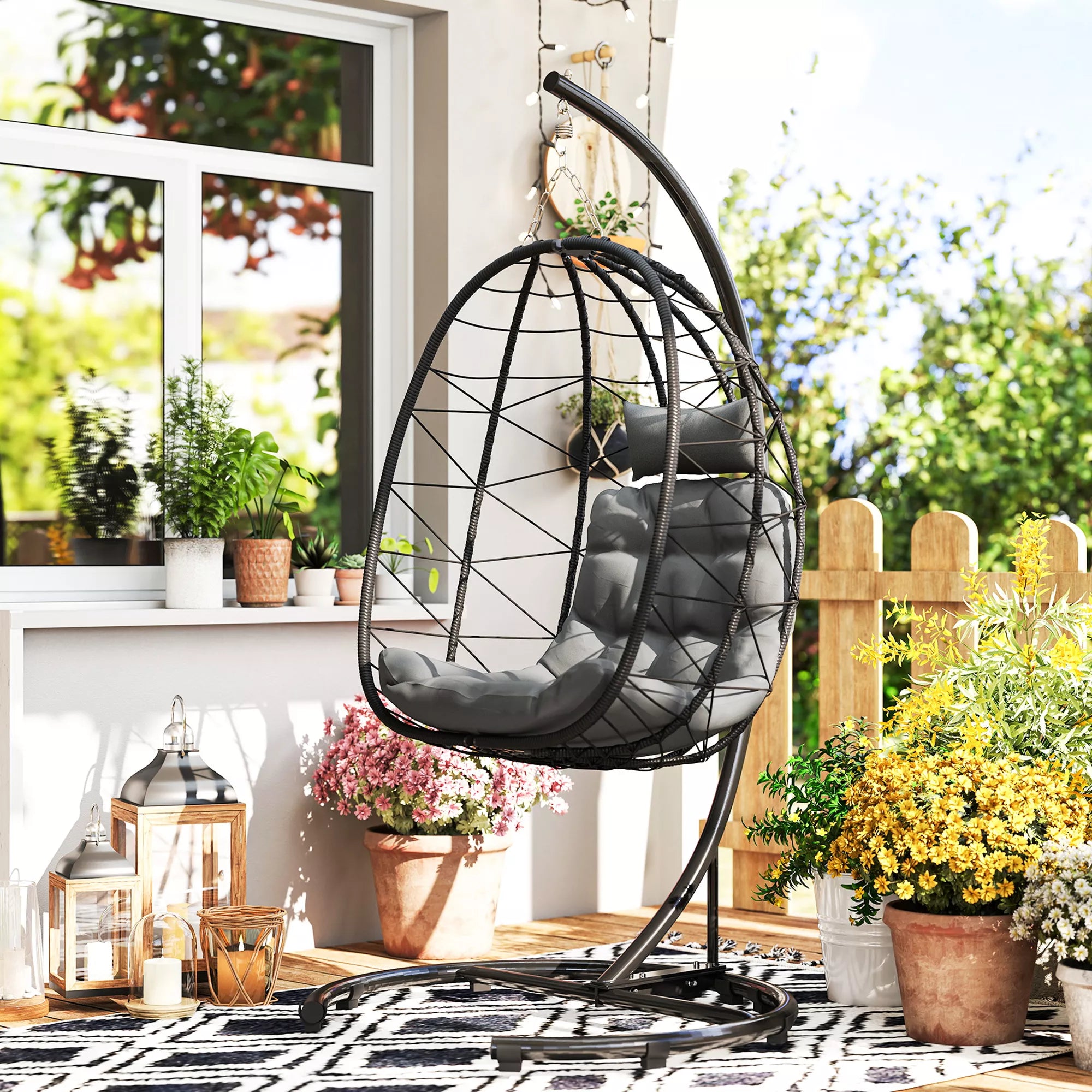 Kabinamas kėdė Lauko kabinama kėdė „Egg Chair“, atspari atmosferos poveikiui, su pagalvėle, 102 cm x 102 cm x 195 cm, tamsiai pilka