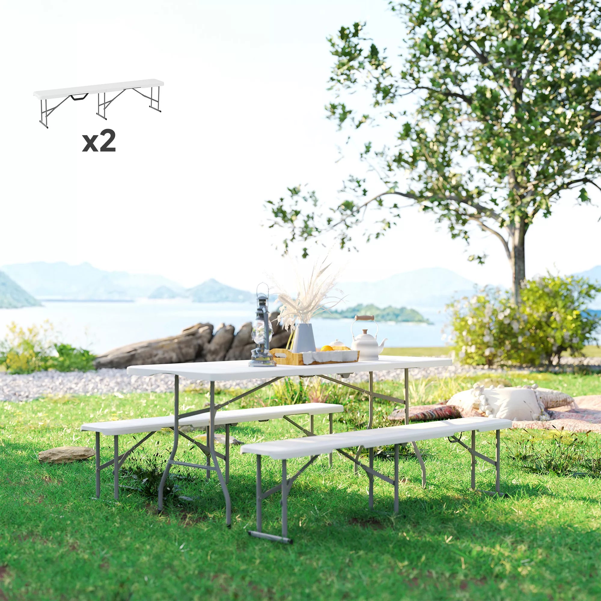 Kempingo suolas, plastikinis lauko suolas, 240 kg apkrova, baltas