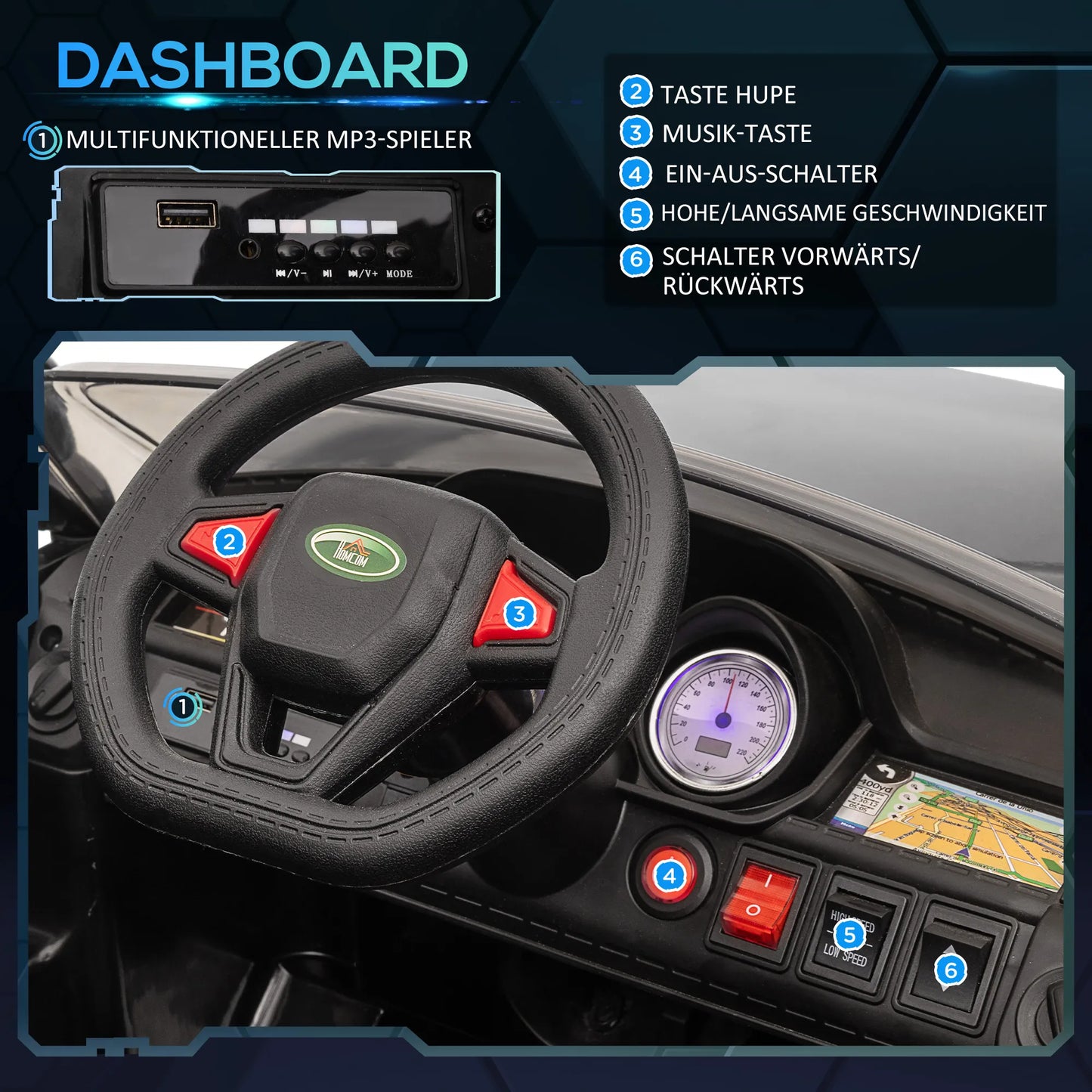 Vaikeliškas elektrinis SUV automobilis, iki 5 km/h, su saugos diržu, nuotolinio valdymo pulteliu, priekiniais žibintais, muzikos funkcija, juodas