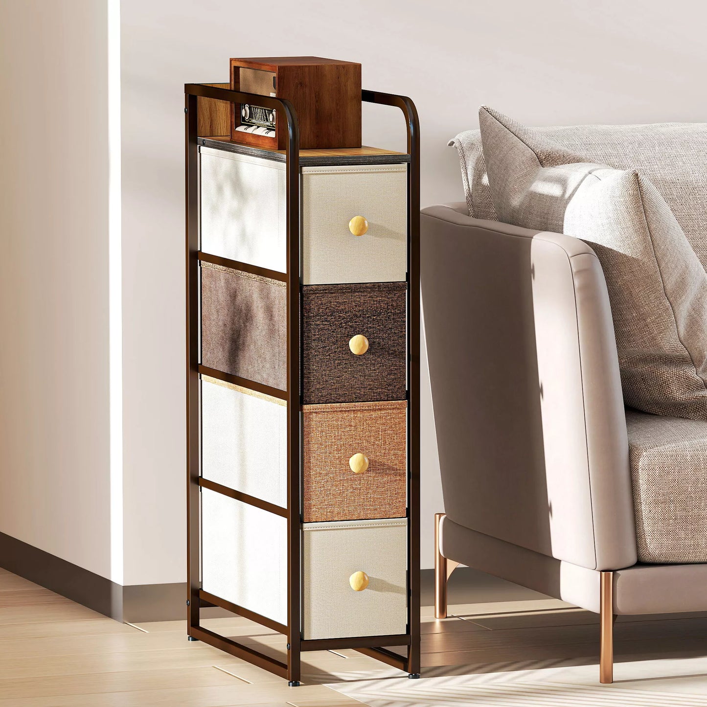 Komoda su 4 stalčiais, neaustinės medžiagos laikymo spintelė su plieniniu rėmu, plienas ir tekstilė, mdf, 20x47x84,5 cm, įvairiaspalvė