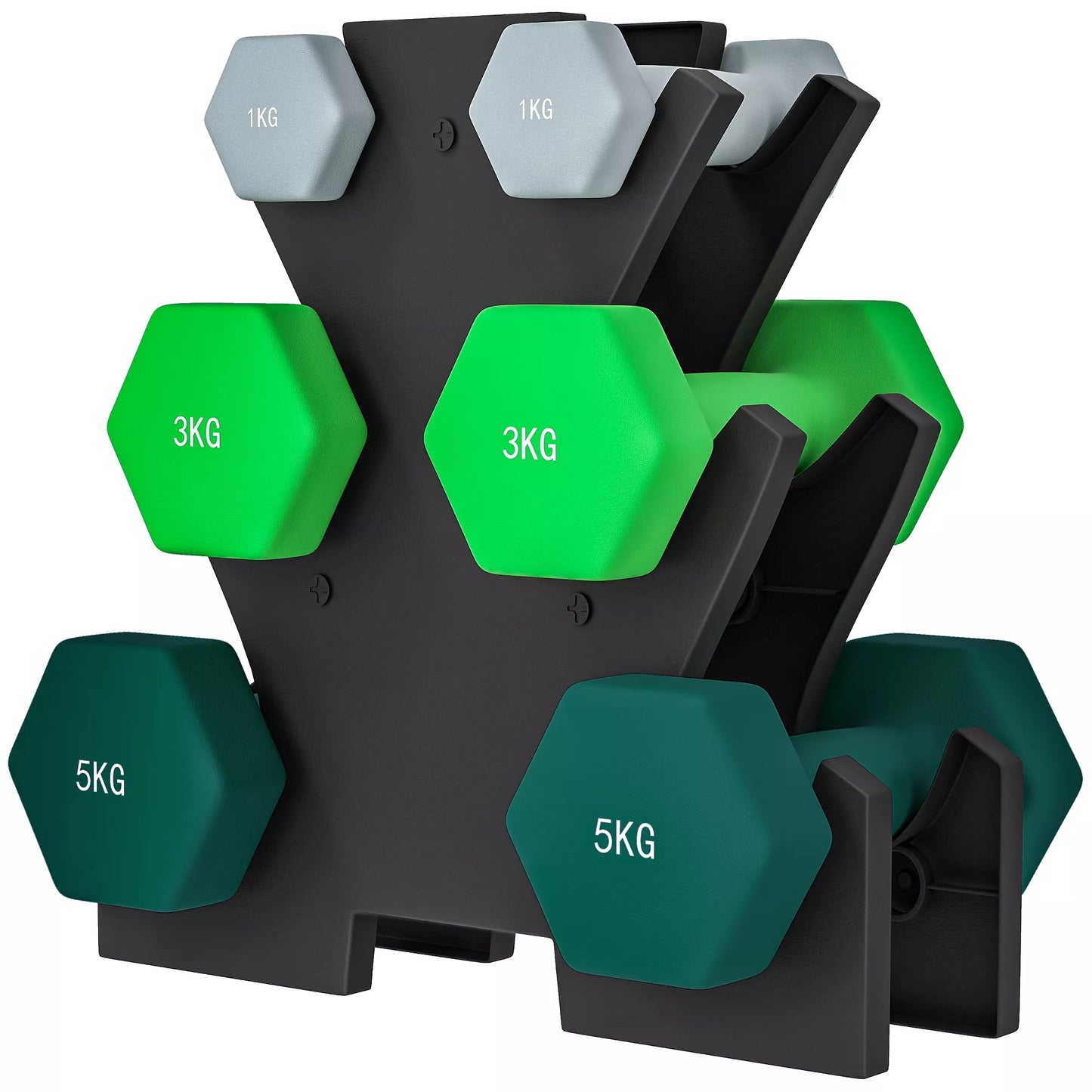 Hantelų rinkinys su laikymo stovu, rinkinys su 6 hanteliais fitneso treniruotėms, 2 x 1 kg, 2 x 3 kg, 2 x 5 kg