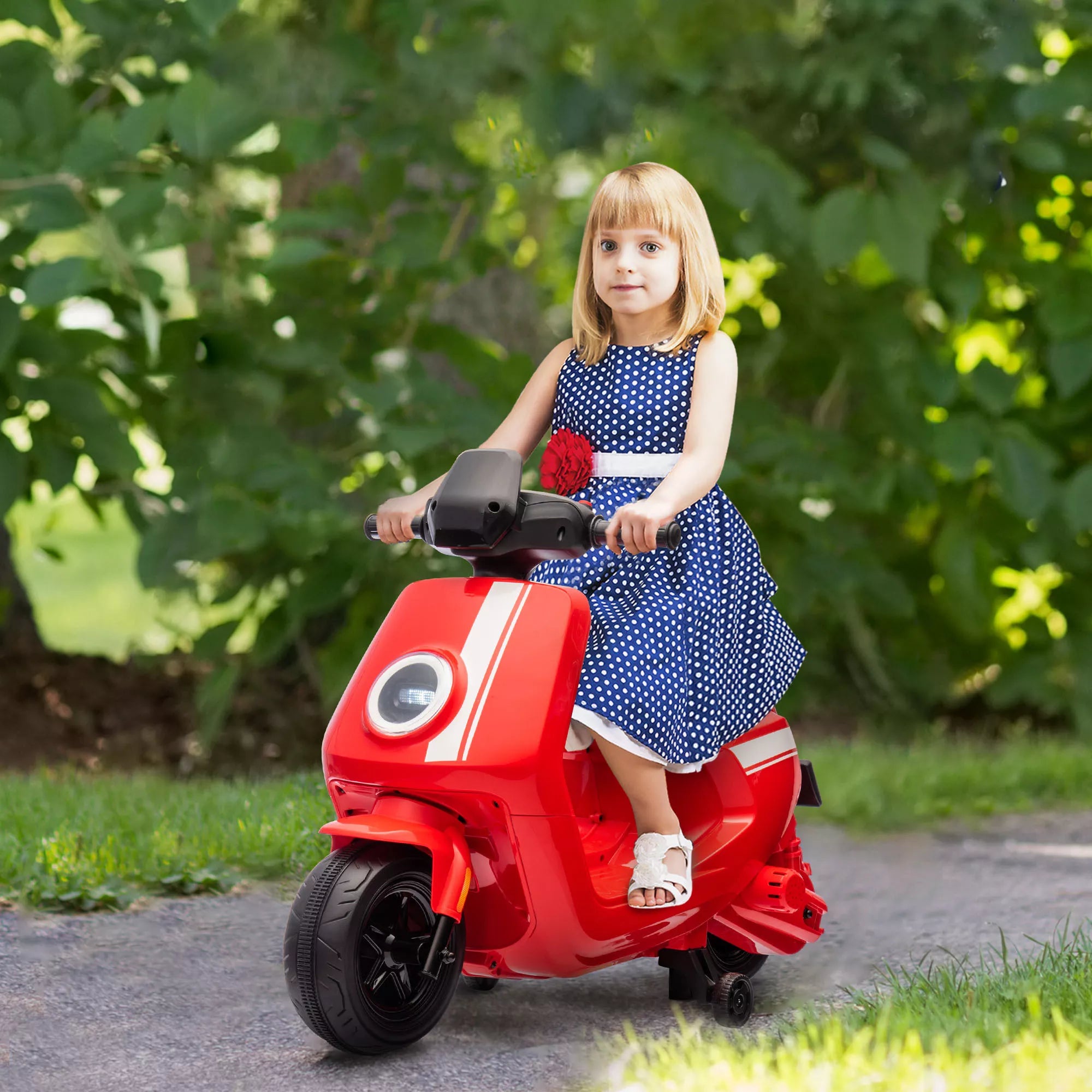 6 V elektrinis motociklas vaikams, su žibintu ir muzika, priekinė ir atbulinė eiga, pagalbiniai ratai, 18–36 mėnesių, raudonas