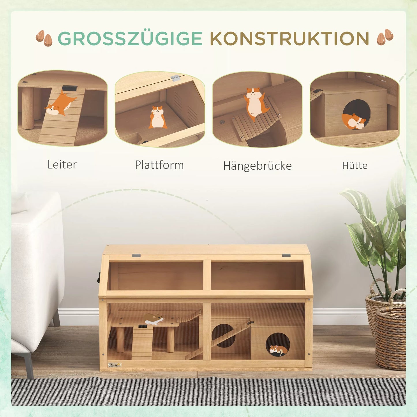 Hamsterio narvas skirtas sirų ir nykštukiniams žiurkėnams, su platforma, pakabinamu tiltu, namelyje, 85x45x44 cm