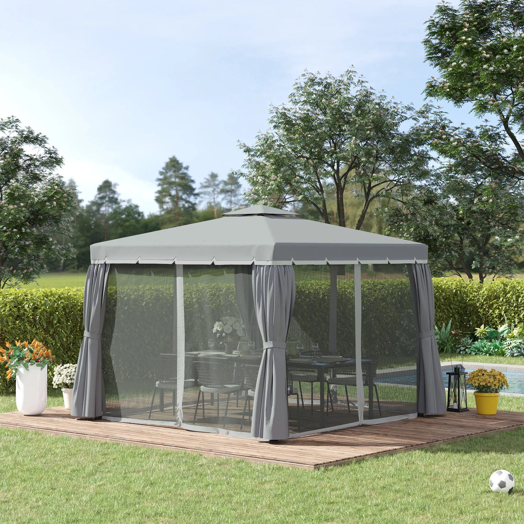 Sodo paviljonas Paviljonas 2,96 x 2,96 m Sodo palapinė su dvigubu stogu Šventinė palapinė su 4 šoninėmis dalimis Moskitų tinklas Atsparus atmosferos poveikiui Aliuminis Poliesteris Tamsiai pilka