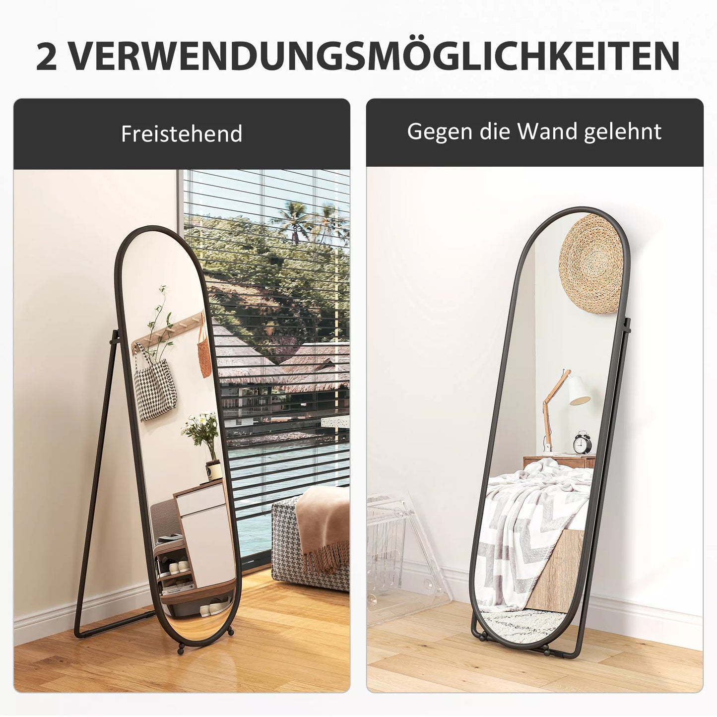 Viso kūno veidrodis, ovalios formos, pastatomas, metalo rėmas, 40x160cm, juodas