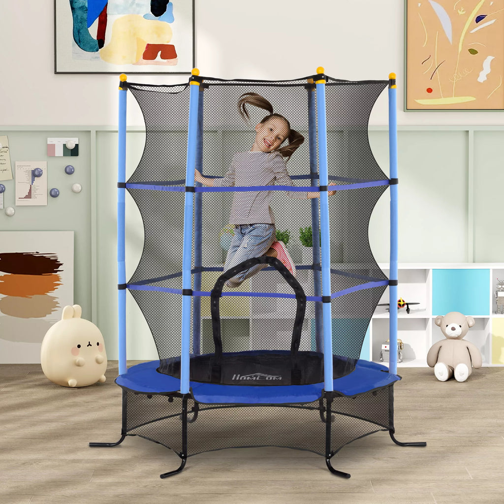 Trampolinas vaikams, Ø163 cm, su apsauginiu tinklu, vidaus ir lauko naudojimui, apkrova iki 50 kg, plienas, plastikas, mėlynas