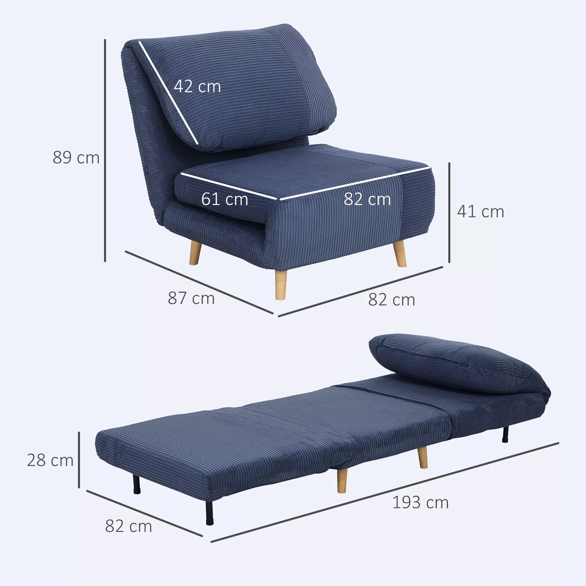 2 viename miegamoji sofa-kėdė svečio lova, reguliuojama galvos atrama, kordilokos išvaizda, 82 cm x 87 cm x 89 cm, mėlyna