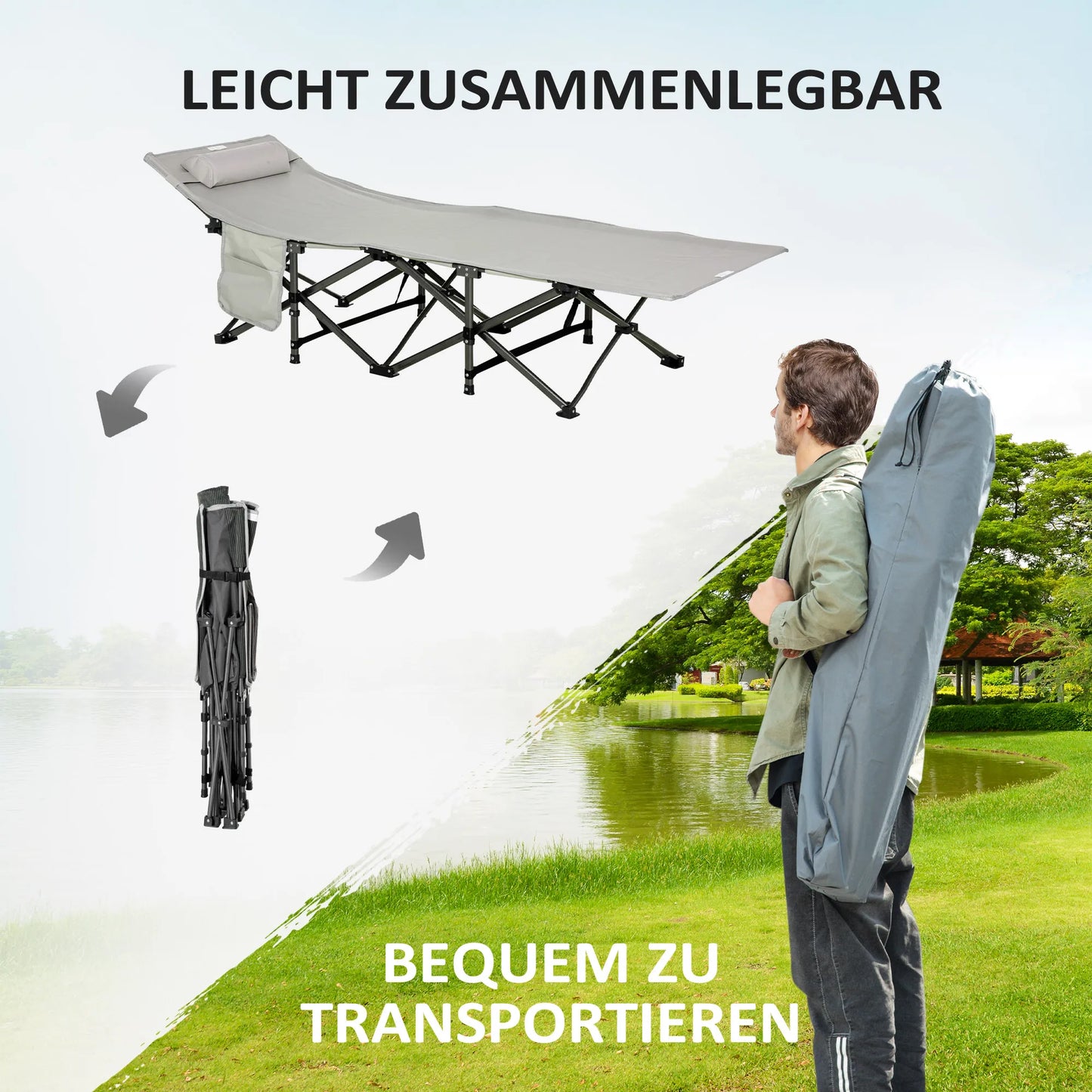 Sulankstoma stovyklavietės lova su čiužiniu ir nešiojimo krepšiu, 188 x 64,5 x 53 cm. Svečių lova, atlaikanti iki 150 kg. Stovyklavietės gultas suaugusiems. Sulankstoma lova lauko reikmenims, sodui, stovyklavimui, kelionėms. Šviesiai pilka.