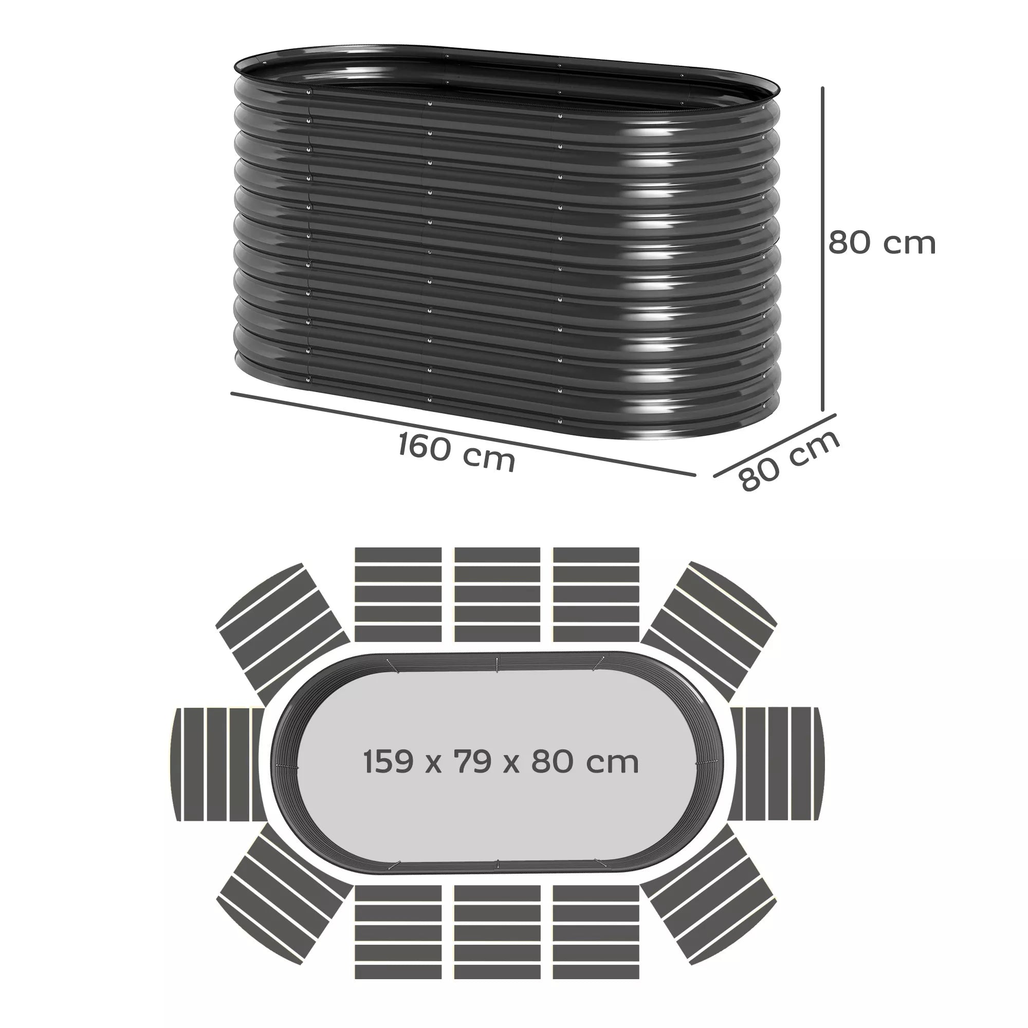 Gėlių vazonas, metalinis gėlių vazonas su apsauginiu kraštu ir rankovėmis, atviru dugnu, 160B x 80T x 80H cm, tamsiai pilkos spalvos