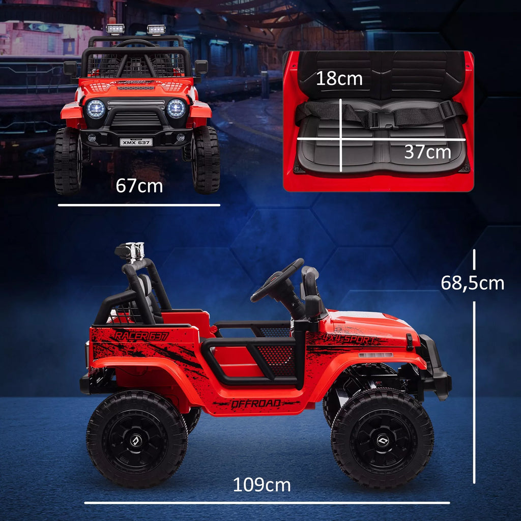 Vaikų elektrinis automobilis su švelnia amortizacija, nuotolinio valdymo pultu, LED žibintais, signaline, 12 V varikliais, pagamintas iš plastiko ir metalo, raudonos spalvos.