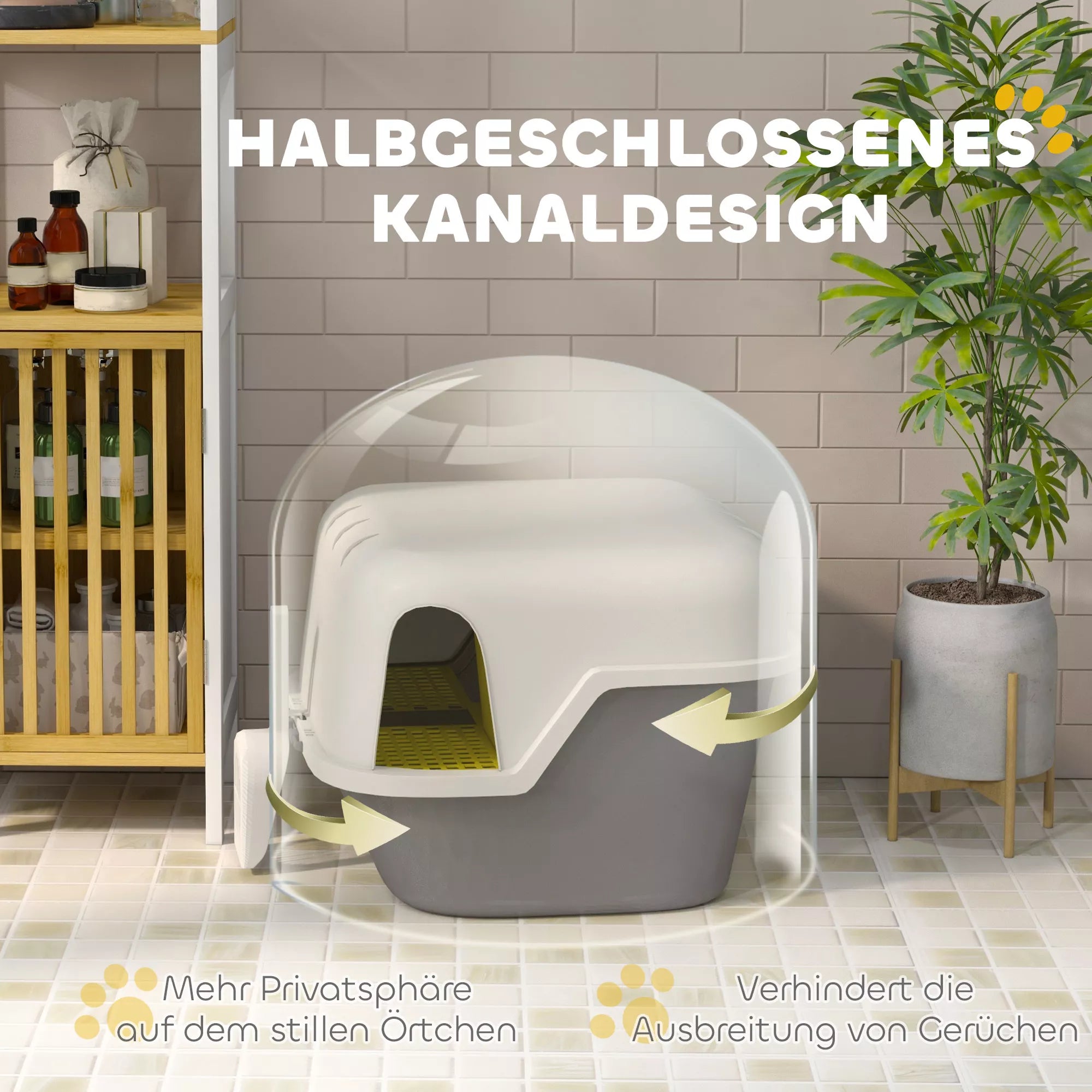 Informacinė grafika apie pusiau uždarą katės tualeto dizainą