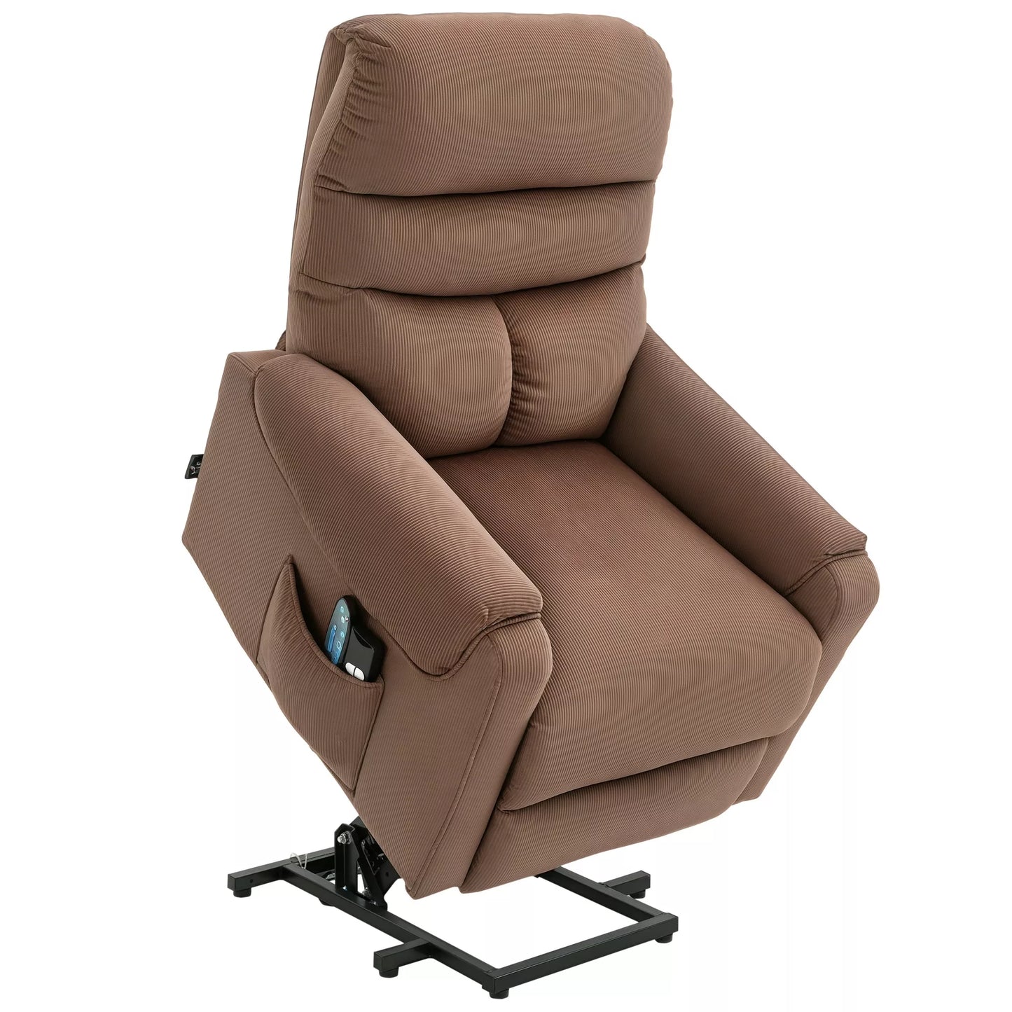 Elektrinis televizoriaus krėslas su atsisėdimo/atsistojimo pagalba, masažinis krėslas su gulėjimo ir šildymo funkcija, relaksacinis krėslas su nuotolinio valdymo pulteliu ir šonine kišene, reguliuojamas, poliesterio audinys, rudos spalvos