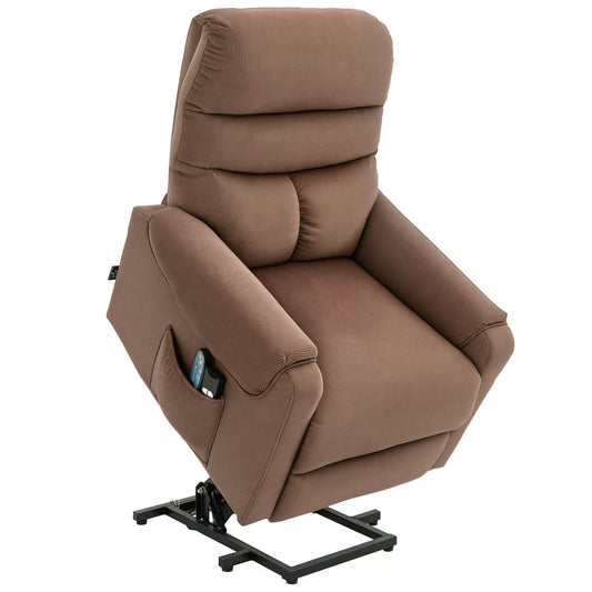 Elektrinis televizoriaus krėslas su atsisėdimo/atsistojimo pagalba, masažinis krėslas su gulėjimo ir šildymo funkcija, relaksacinis krėslas su nuotolinio valdymo pulteliu ir šonine kišene, reguliuojamas, poliesterio audinys, rudos spalvos