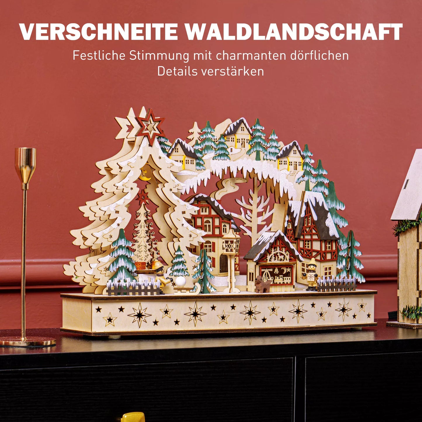 Kalėdinis kaimelis žiemos stebuklų šalyje, 20 LED lempučių, daugiasluoksnis, natūralaus medžio, 45 x 12 x 30 cm
