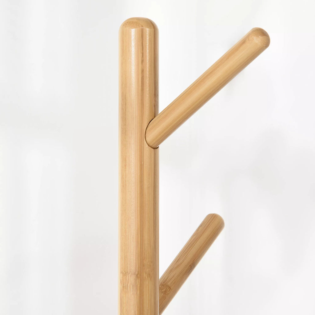 Skandinaviško stiliaus drabužių stovas su pagalbiniu staliuku, 5 kabliukai, 39,5 cm x 39,5 cm x 171 cm, natūralus + baltas