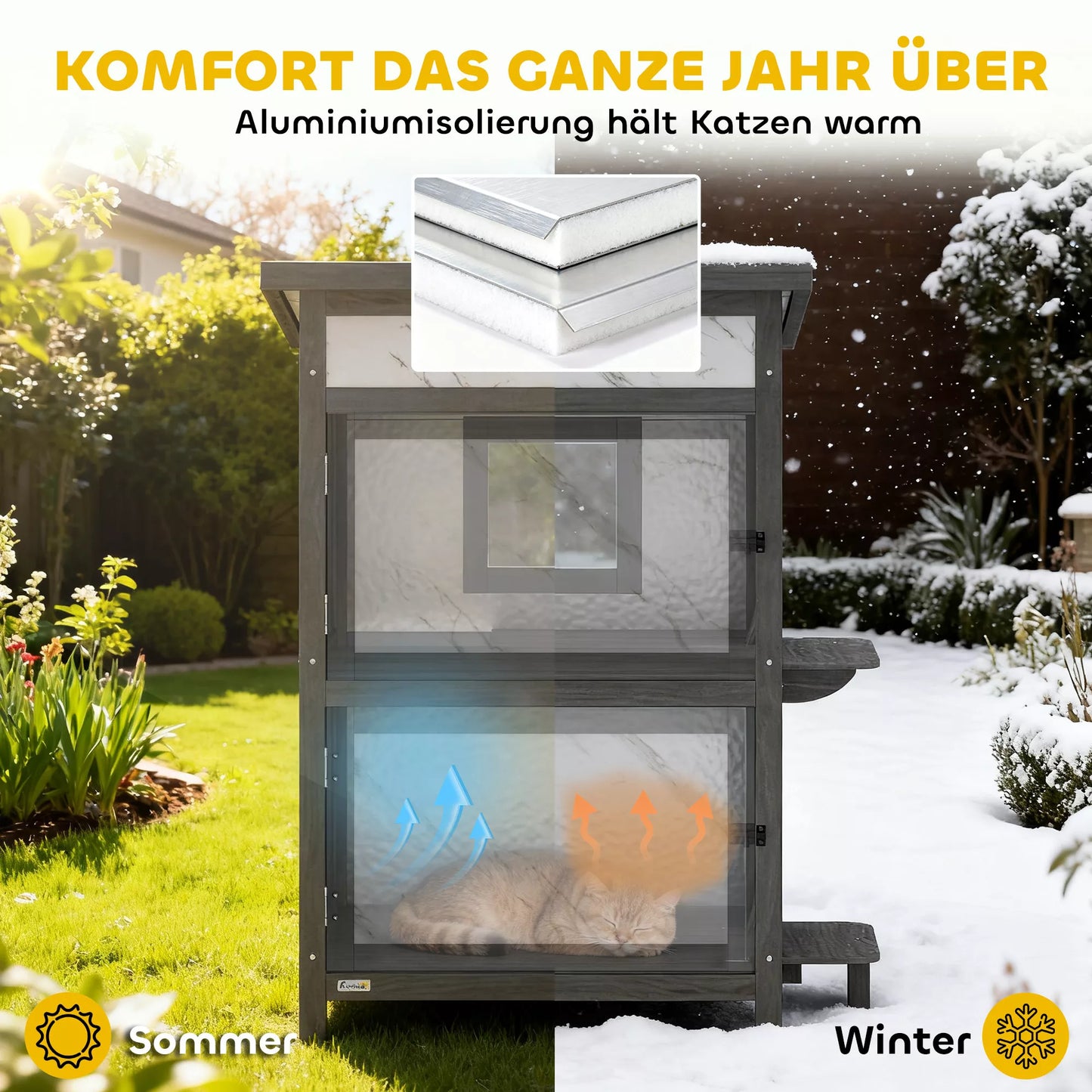 Lauko namelis katėms, medinis namelis katėms, keli įėjimai, langai, atsparus vandeniui, 60 x 60 x 88 cm, baltas