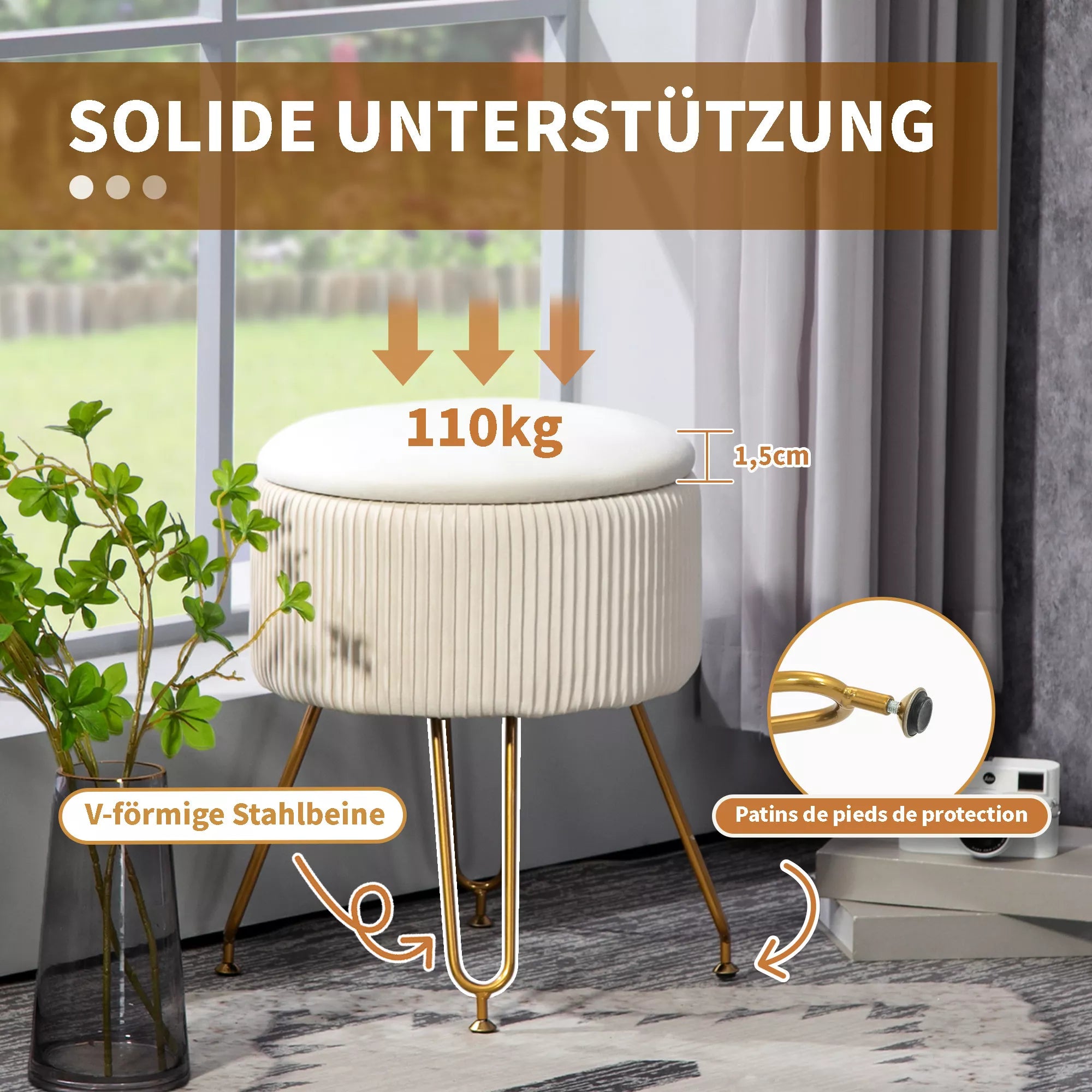 Pufas su daiktadėže, 2-in-1, su metalinėmis kojelėmis, kreminės baltos spalvos