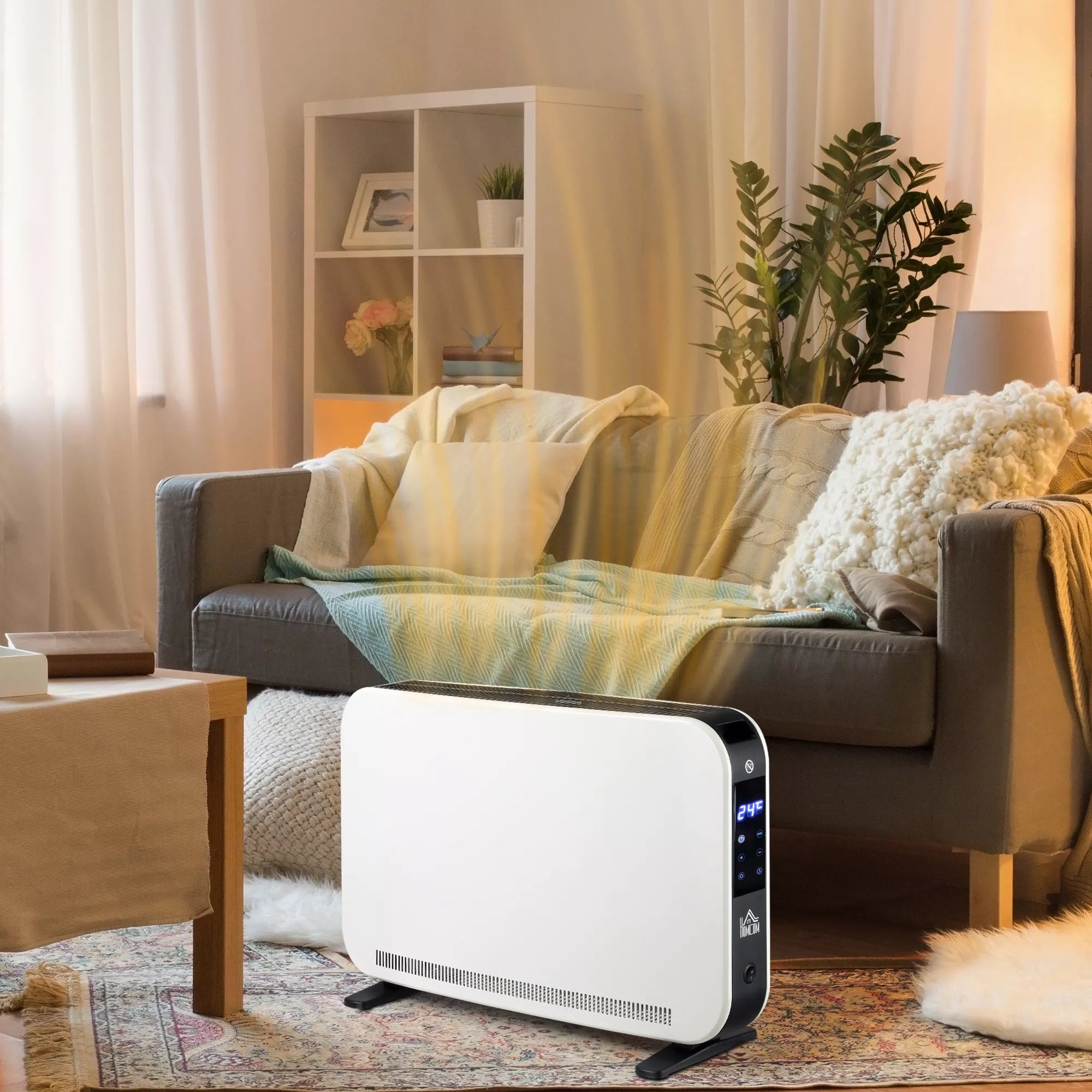 Elektrinis 2000W ventiliatorinis šildytuvas su 3 šildymo režimais, LED ekranu, 24 valandų laikmačiu ir reguliuojama temperatūra, skirtas 18 m² plotui.