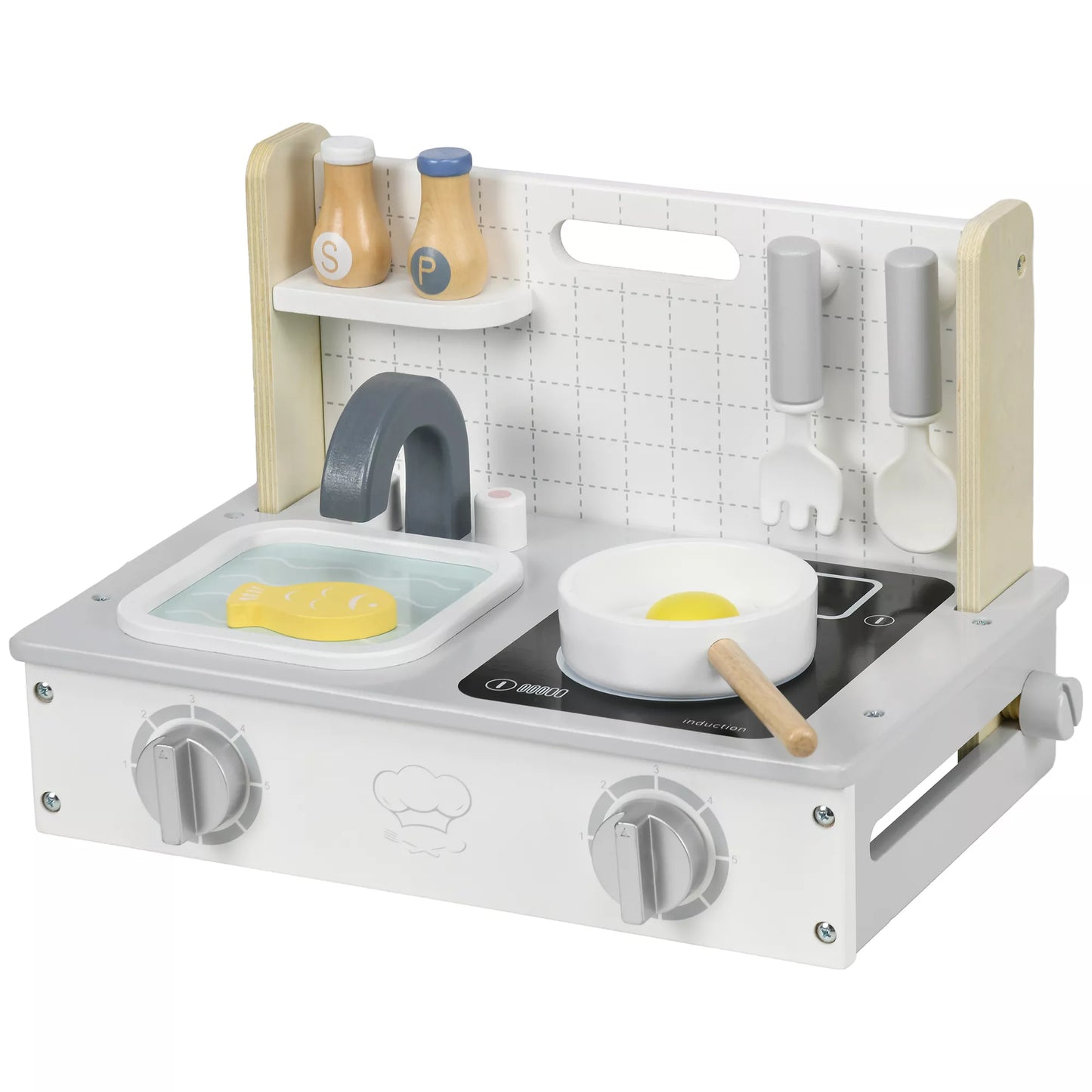 Vaikiškų virtuvėlių rinkinys, 10 dalių, su prieskonių buteliukais, puodu, kiaušiniu, žuvimi, 36x21,5x25 cm, Pilka/Geltona