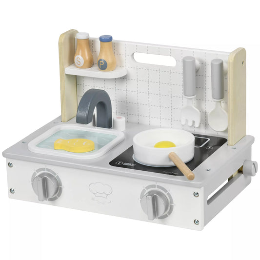 Vaikiškų virtuvėlių rinkinys, 10 dalių, su prieskonių buteliukais, puodu, kiaušiniu, žuvimi, 36x21,5x25 cm, Pilka/Geltona