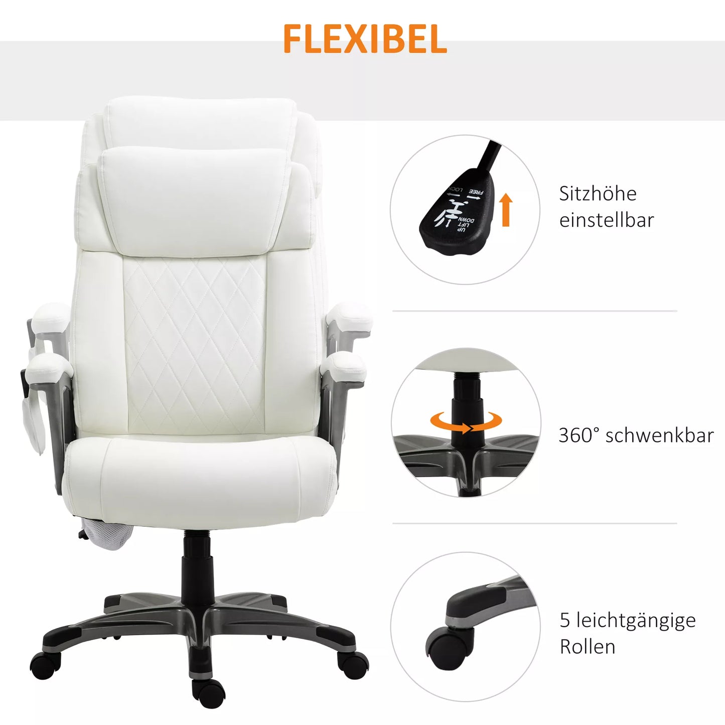 Masažinė biuro kėdė, 6 taškų masažinis pasukamas krėslas, ergonomiška, reguliuojama, dirbtinės odos, su lenkta galvos atrama ir porankiu, balta 70 x 76,5 x 114-124 cm