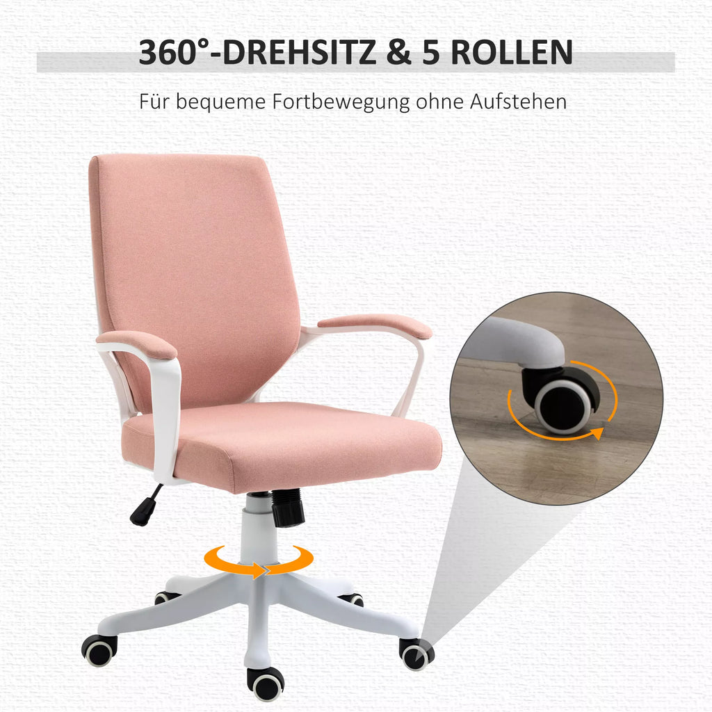 Biuro kėdė, darbo kėdė, namų biuro kėdė su supimo funkcija, reguliuojamo aukščio atlošas, storai paminkštinta, ergonomiška, 360° besisukantys ratukai, poliesteris, nailonas, PP, rožinė+balta, 62x69x92-100 cm