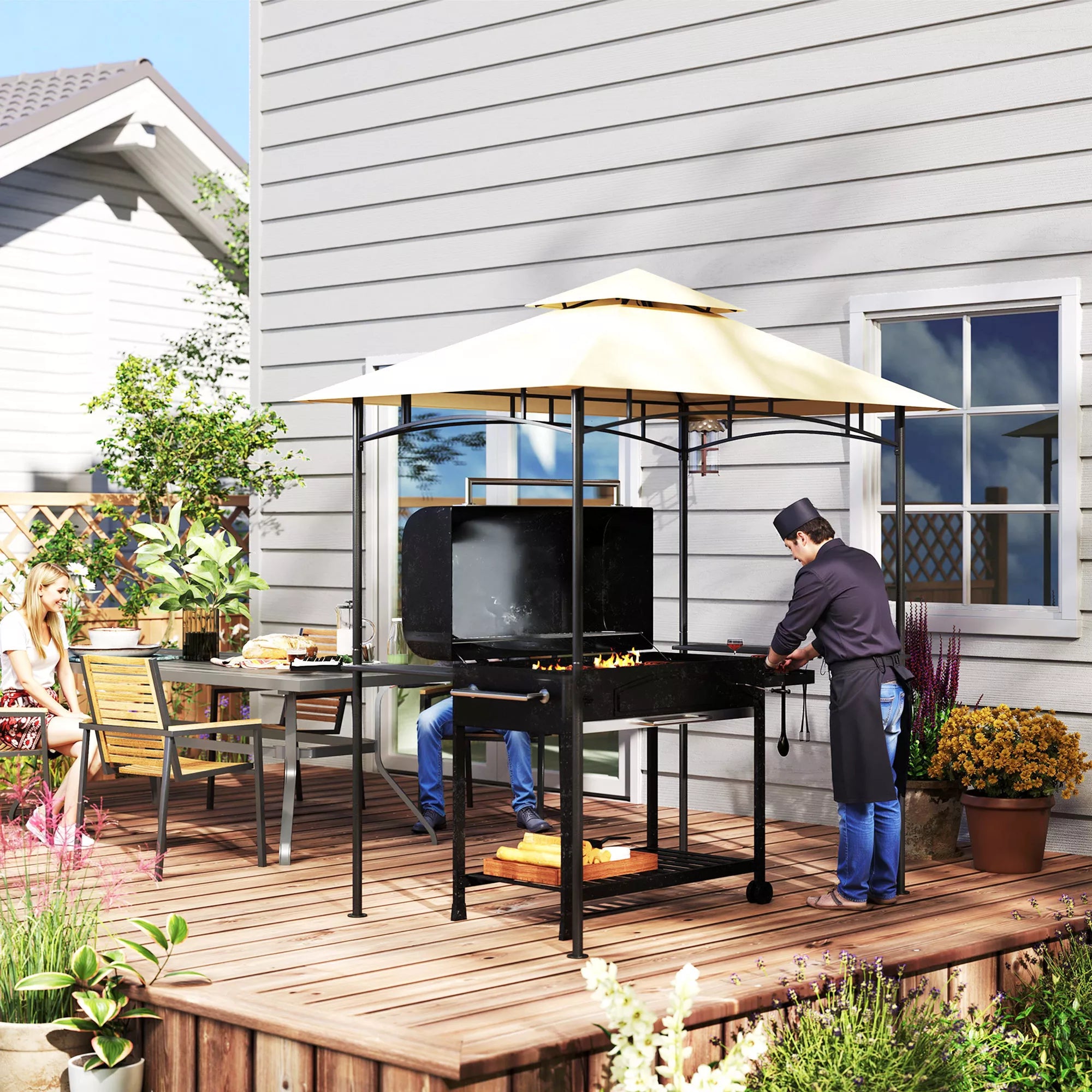 Grill paviljonas su LED 240 x 150 x 258 cm, atsparus vandeniui, ugniai atsparus Sodo paviljonas su dvigubu stogu