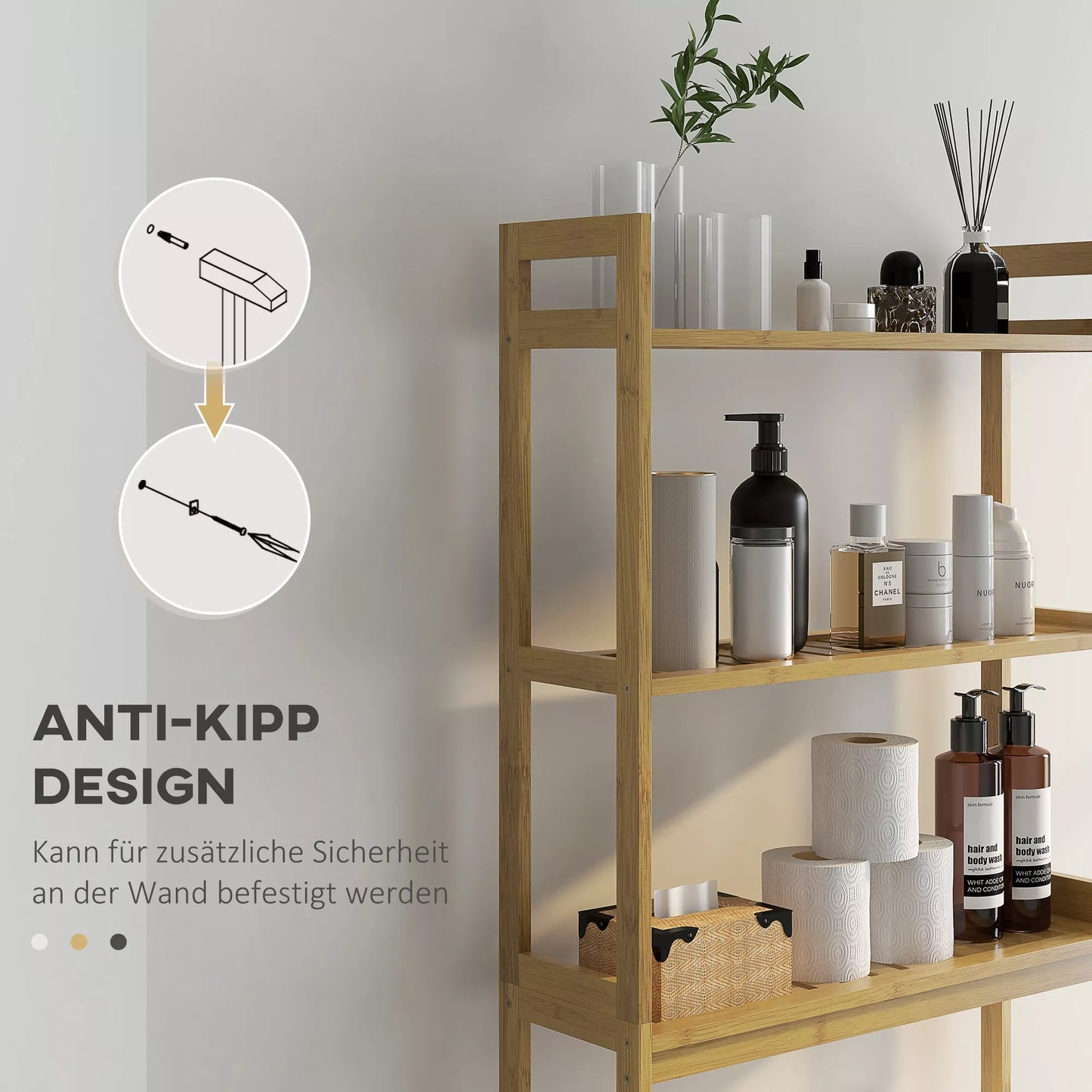 Vonios lentyna, lentyna virš tualeto, 3 lentynos, atspari vandeniui, 68 cm x 20 cm x 165 cm, natūrali